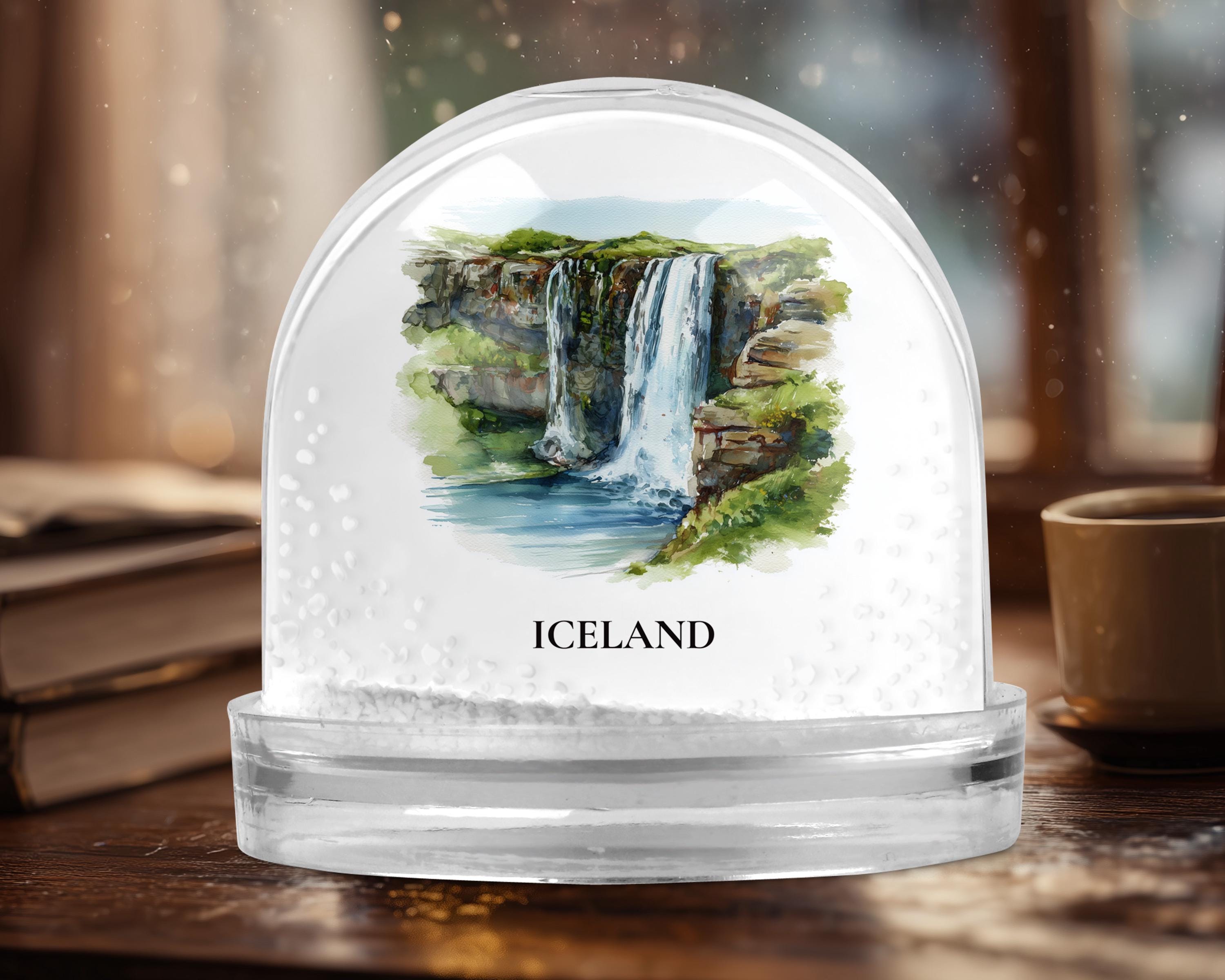 Iceland Waterfalls Snow Globe, Personalized Watercolor, Custom Travel Souvenir Keepsake City Dome