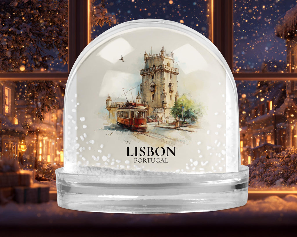 Lisbon Portugal Snow Globe, Personalized Watercolor, Custom Travel Souvenir Keepsake City Dome
