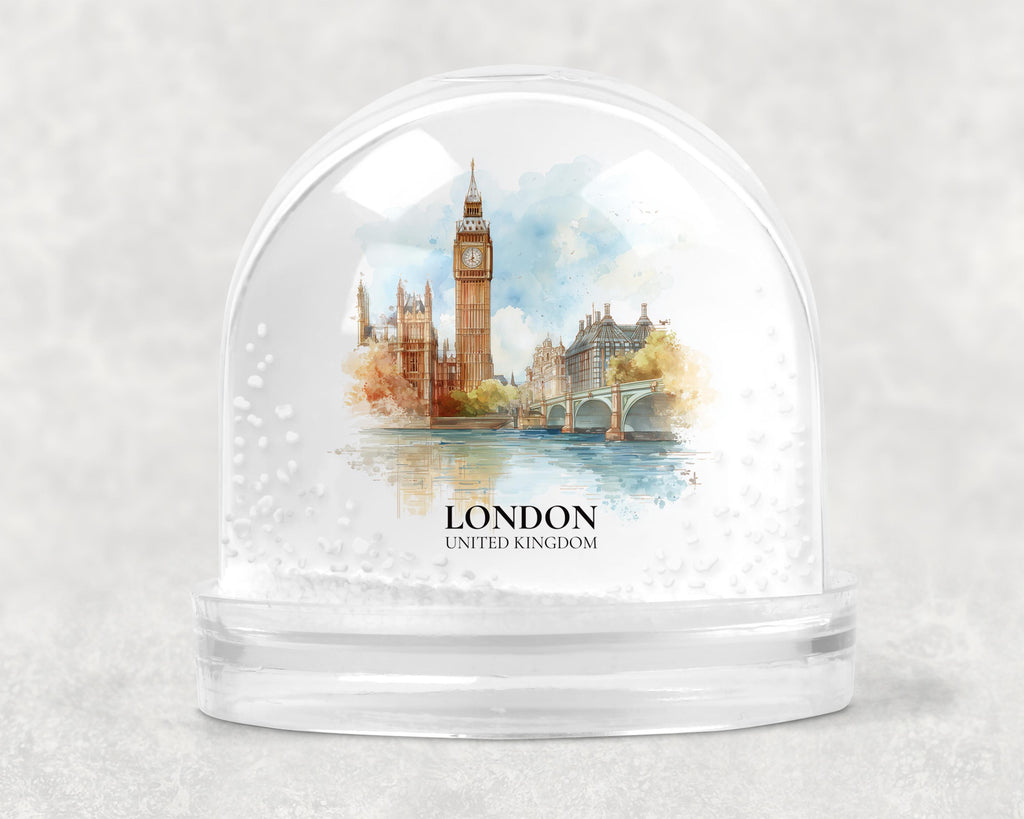 London United Kingdom Snow Globe, Personalized Watercolor, Custom Travel Souvenir Keepsake City Dome