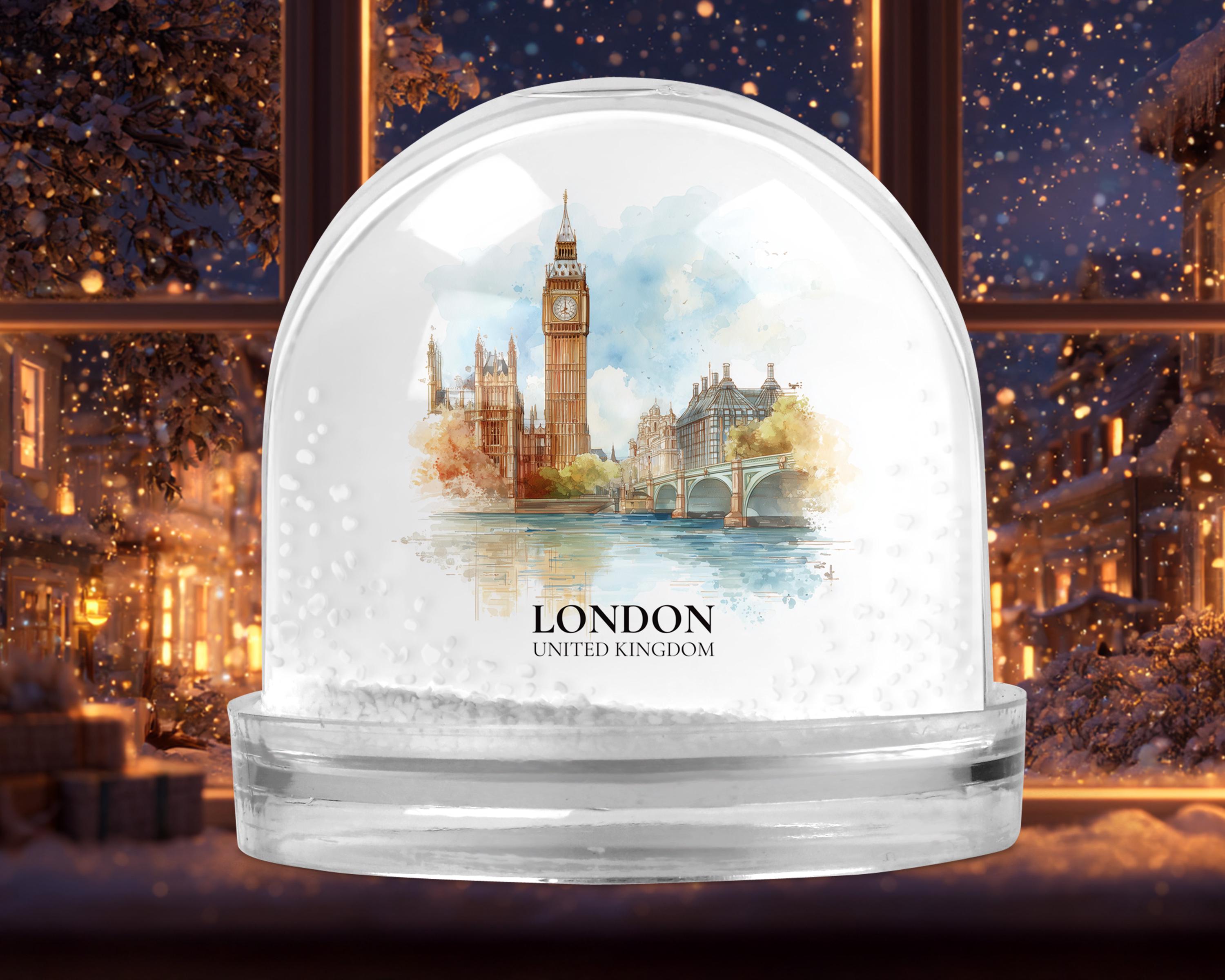 London United Kingdom Snow Globe, Personalized Watercolor, Custom Travel Souvenir Keepsake City Dome