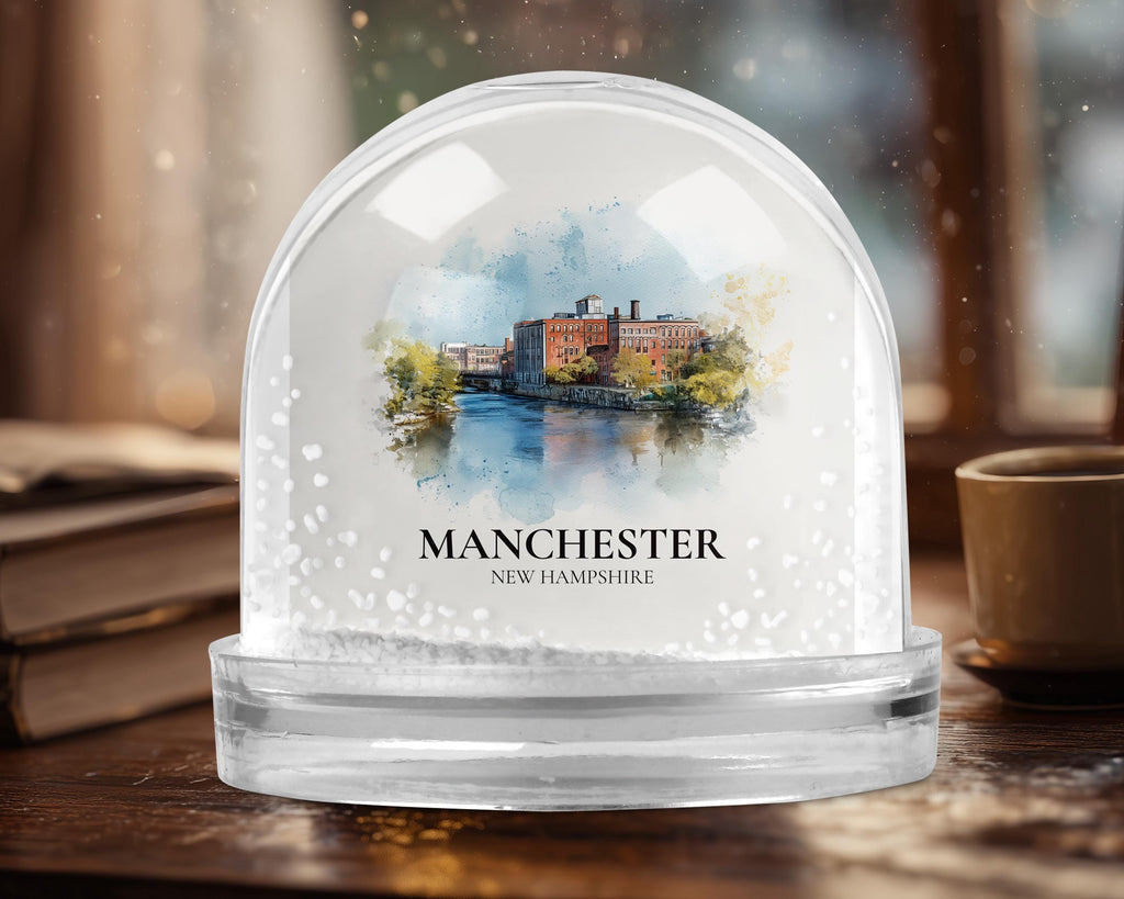 Manchester New Hampshire Snow Globe, Personalized Watercolor, Custom Travel Souvenir Keepsake City Dome