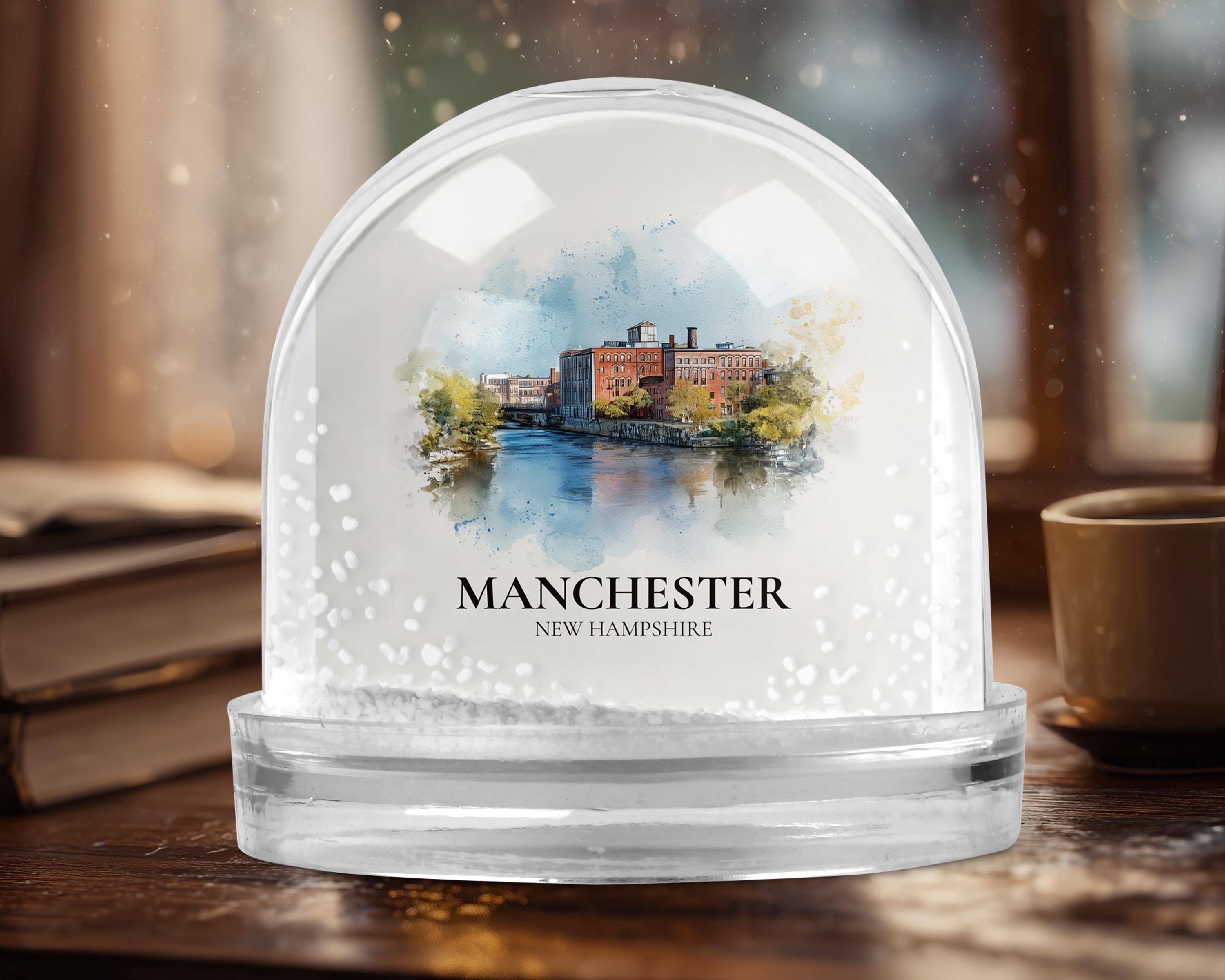 Manchester New Hampshire Snow Globe, Personalized Watercolor, Custom Travel Souvenir Keepsake City Dome