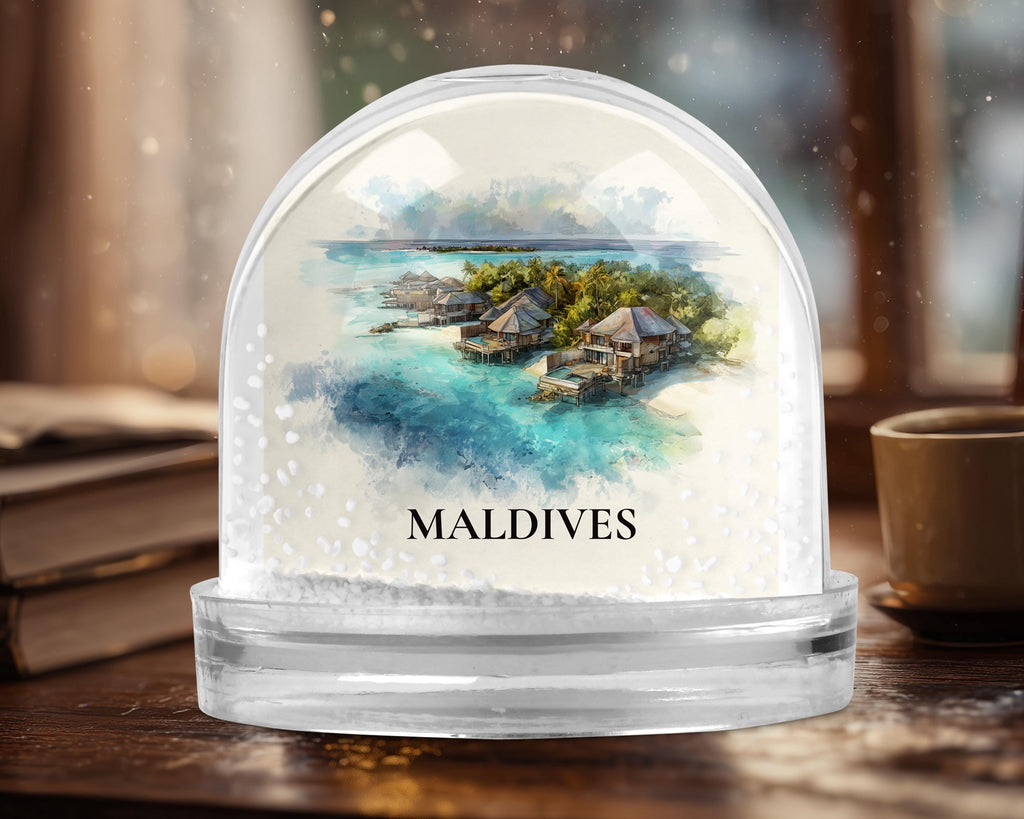 Maldives Snow Globe, Personalized Watercolor, Custom Travel Souvenir Keepsake City Dome