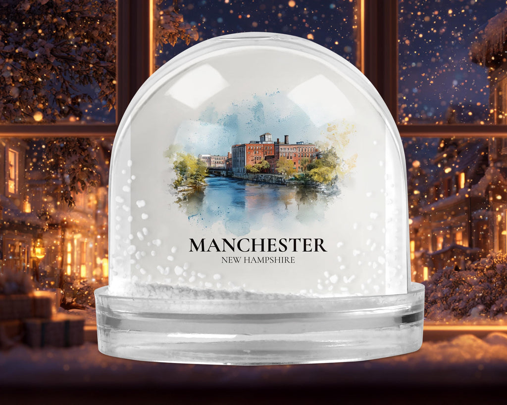 Manchester New Hampshire Snow Globe, Personalized Watercolor, Custom Travel Souvenir Keepsake City Dome