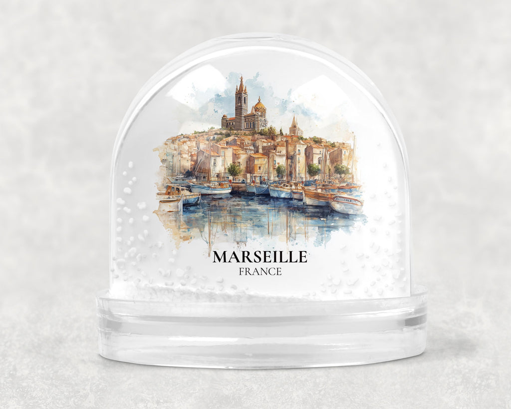 Marseille France Snow Globe, Personalized Watercolor, Custom Travel Souvenir Keepsake City Dome