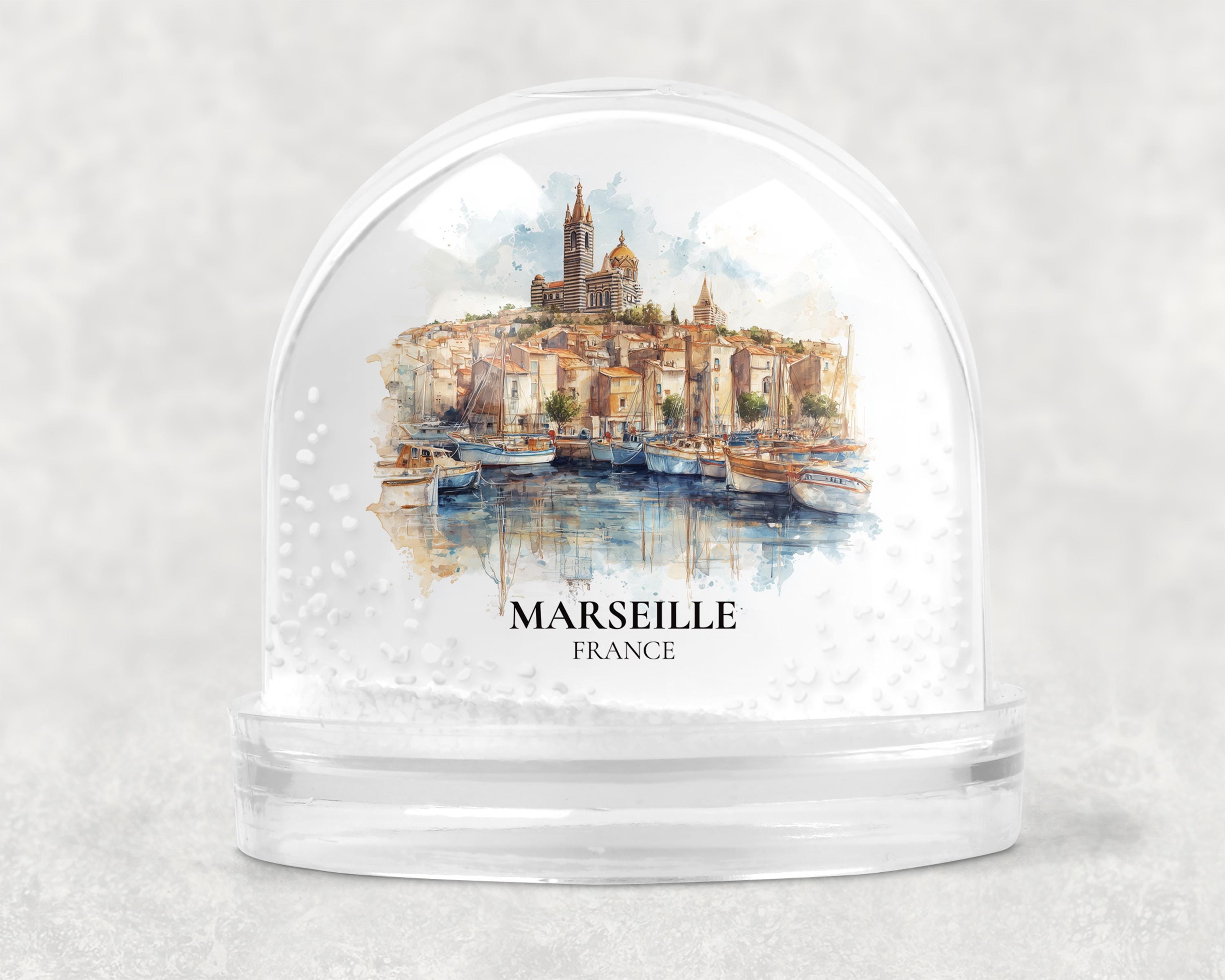 Marseille France Snow Globe, Personalized Watercolor, Custom Travel Souvenir Keepsake City Dome