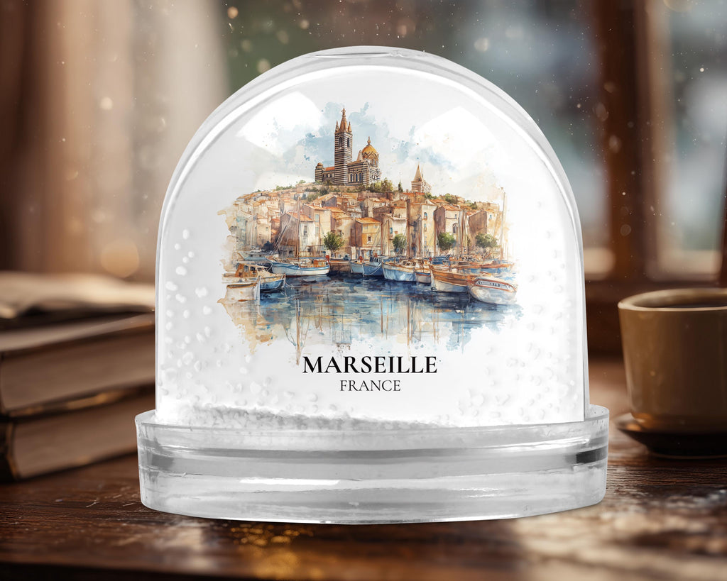 Marseille France Snow Globe, Personalized Watercolor, Custom Travel Souvenir Keepsake City Dome