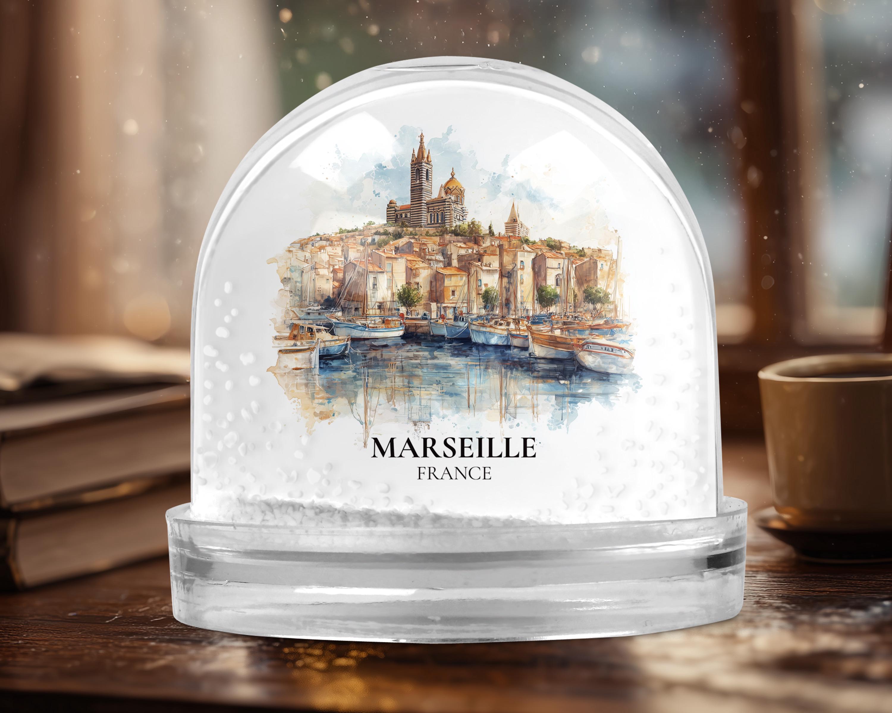 Marseille France Snow Globe, Personalized Watercolor, Custom Travel Souvenir Keepsake City Dome