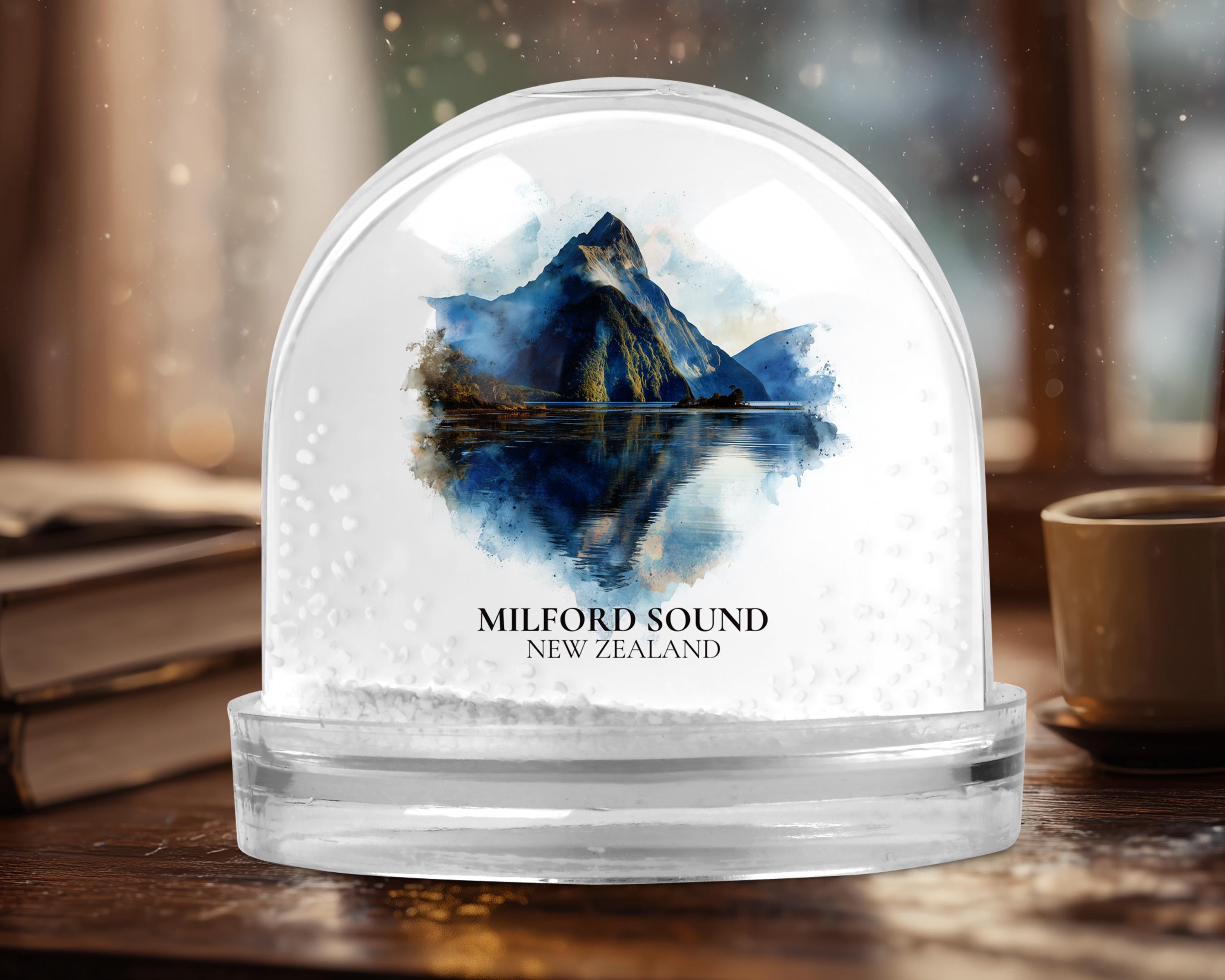 Milford Sound New Zealand Snow Globe, Personalized Watercolor, Custom Travel Souvenir Keepsake City Dome