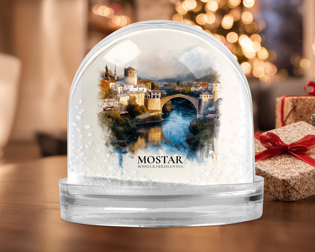 Mostar Bosnia and Herzegovina Snow Globe, Personalized Watercolor, Custom Travel Souvenir Keepsake City Dome