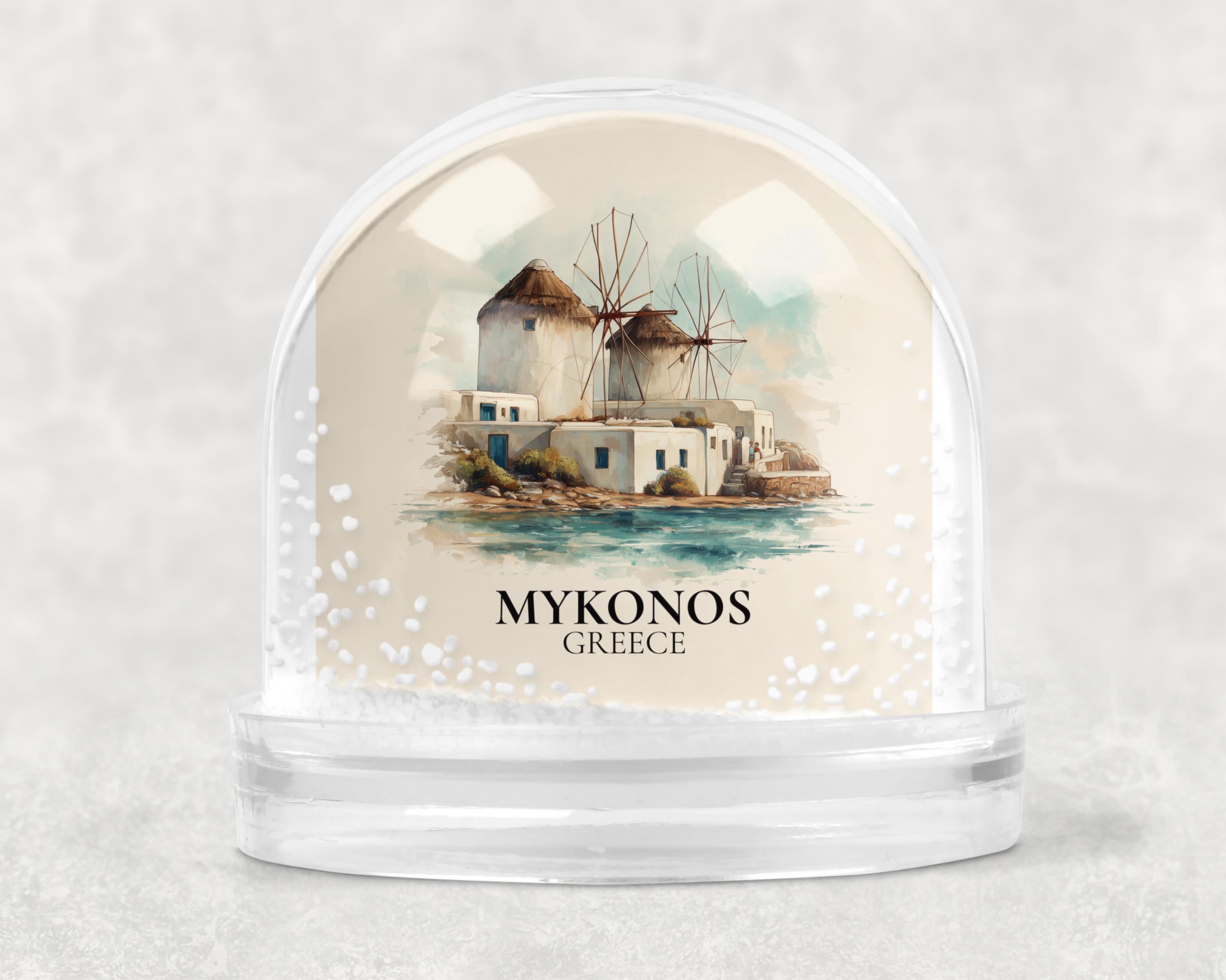 Mykonos Snow Globe Greece, Personalized Watercolor, Custom Travel Souvenir Keepsake City Dome