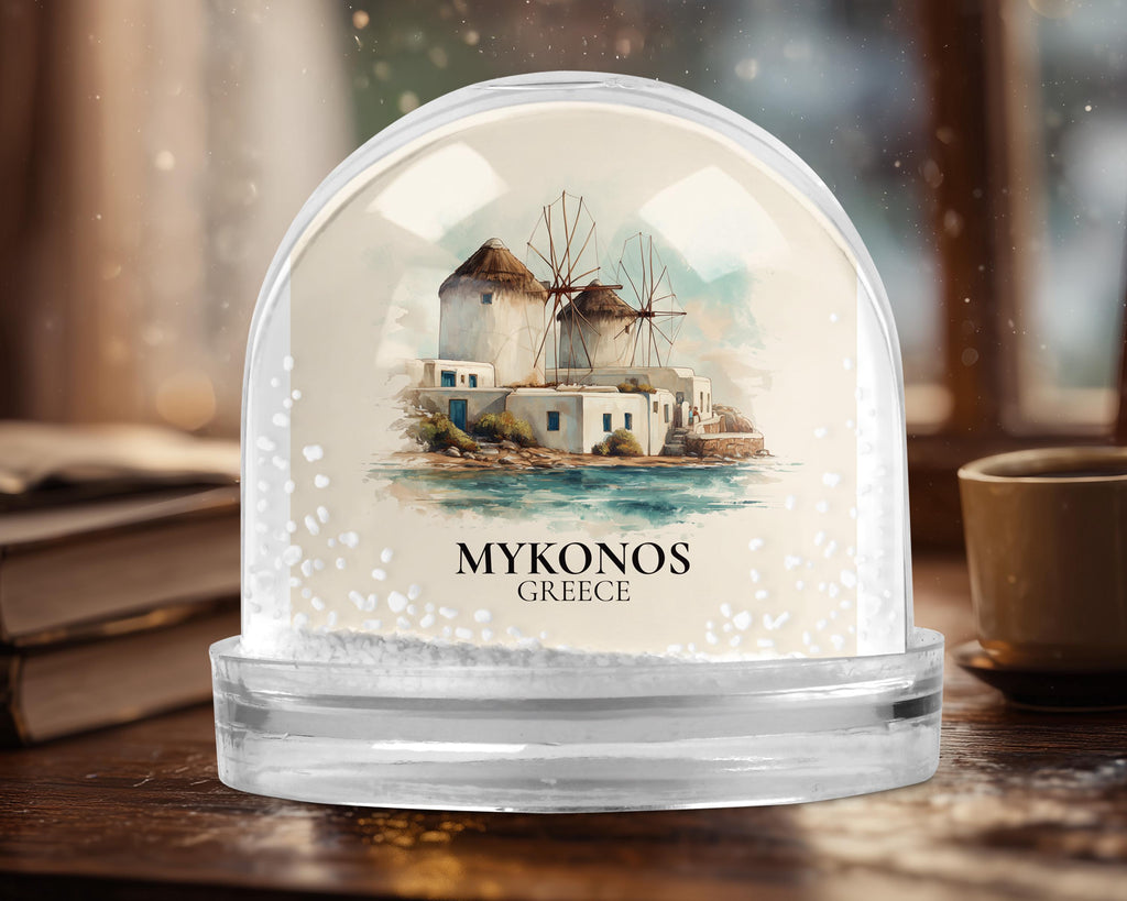 Mykonos Snow Globe Greece, Personalized Watercolor, Custom Travel Souvenir Keepsake City Dome