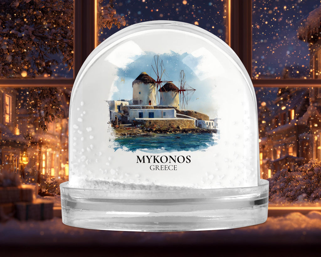 Mykonos Greece Snow Globe, Personalized Watercolor, Custom Travel Souvenir Keepsake City Dome