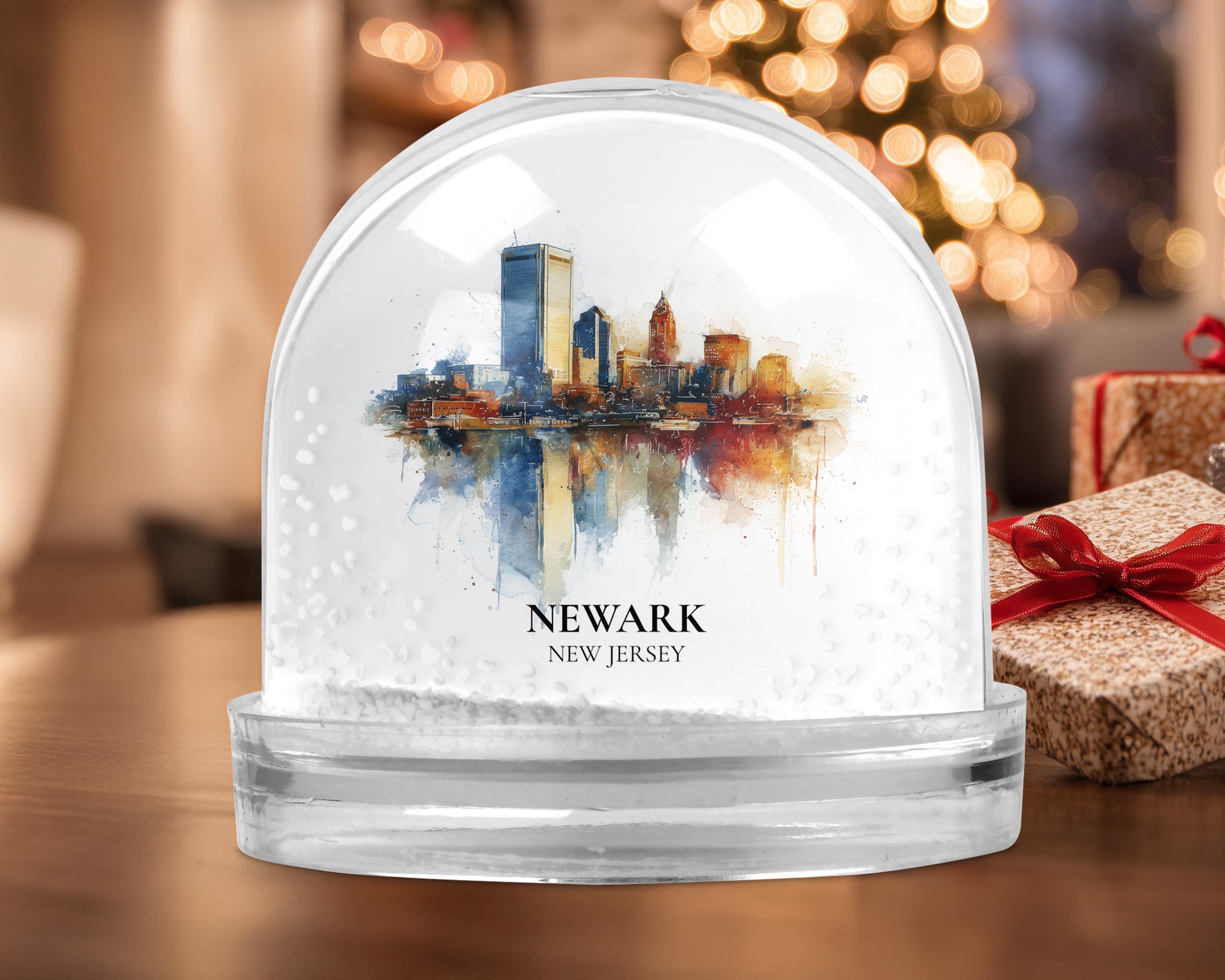 Newark New Jersey Snow Globe, Personalized Watercolor, Custom Travel Souvenir Keepsake City Dome