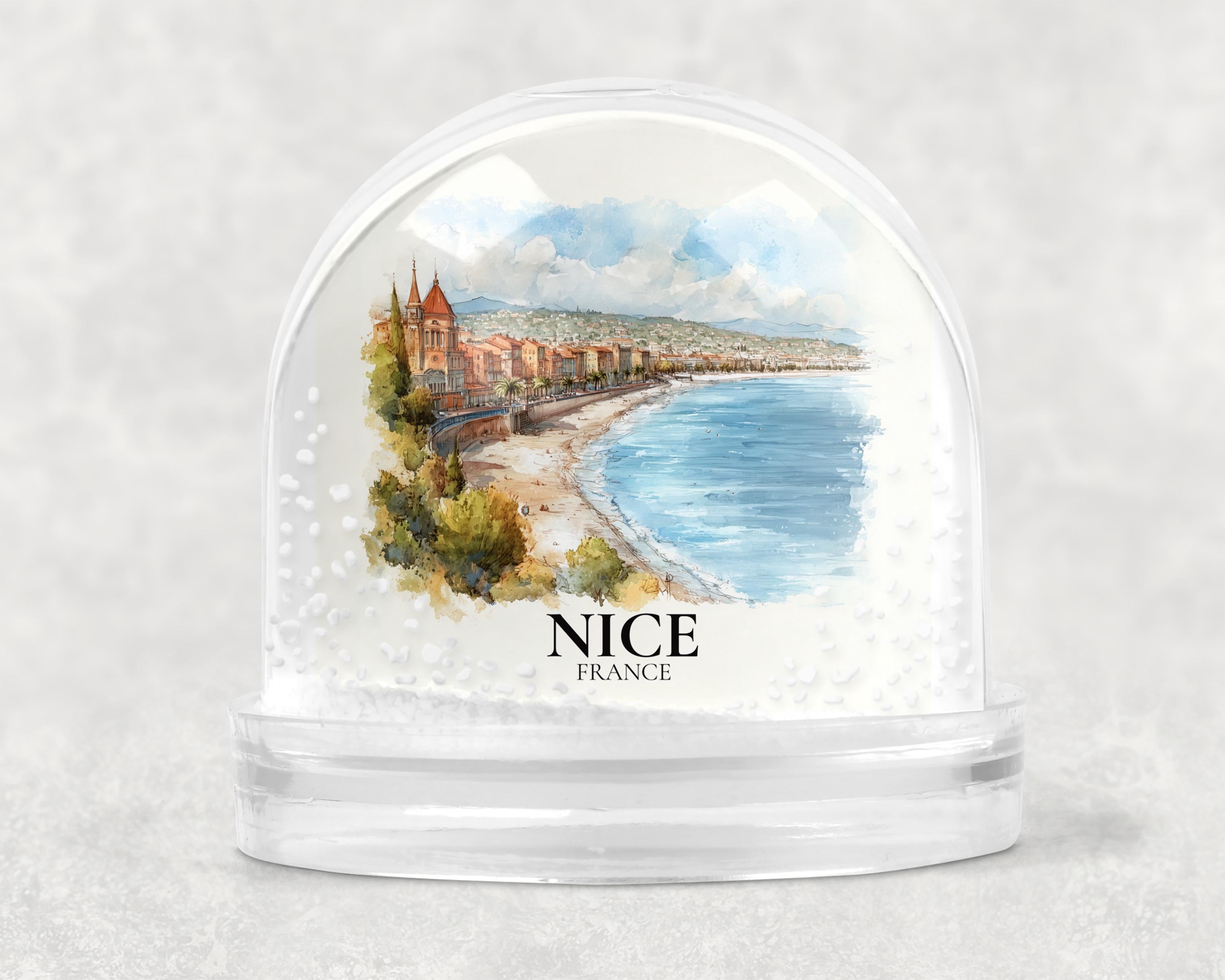 Nice France Snow Globe, Personalized Watercolor, Custom Travel Souvenir Keepsake City Dome