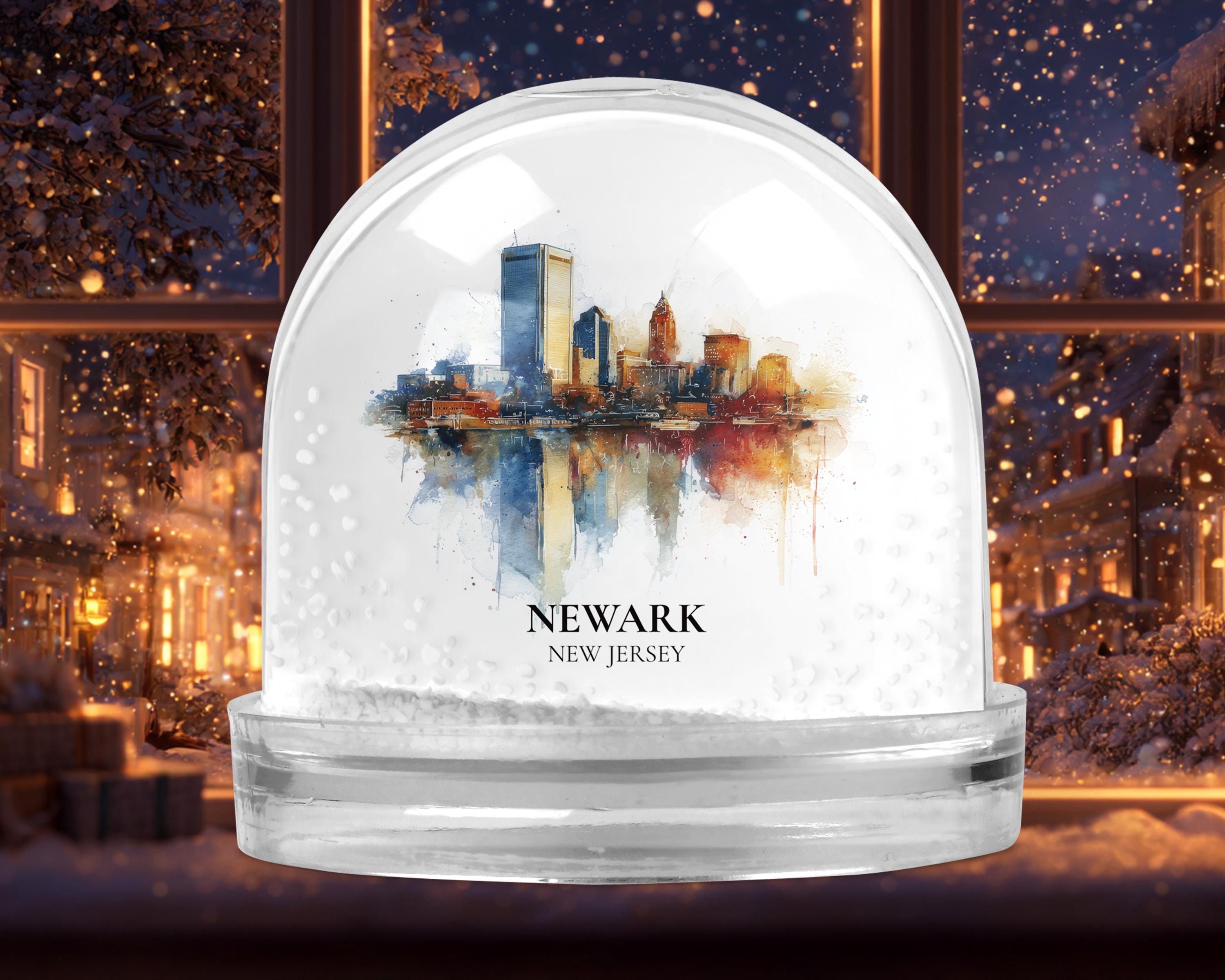 Newark New Jersey Snow Globe, Personalized Watercolor, Custom Travel Souvenir Keepsake City Dome
