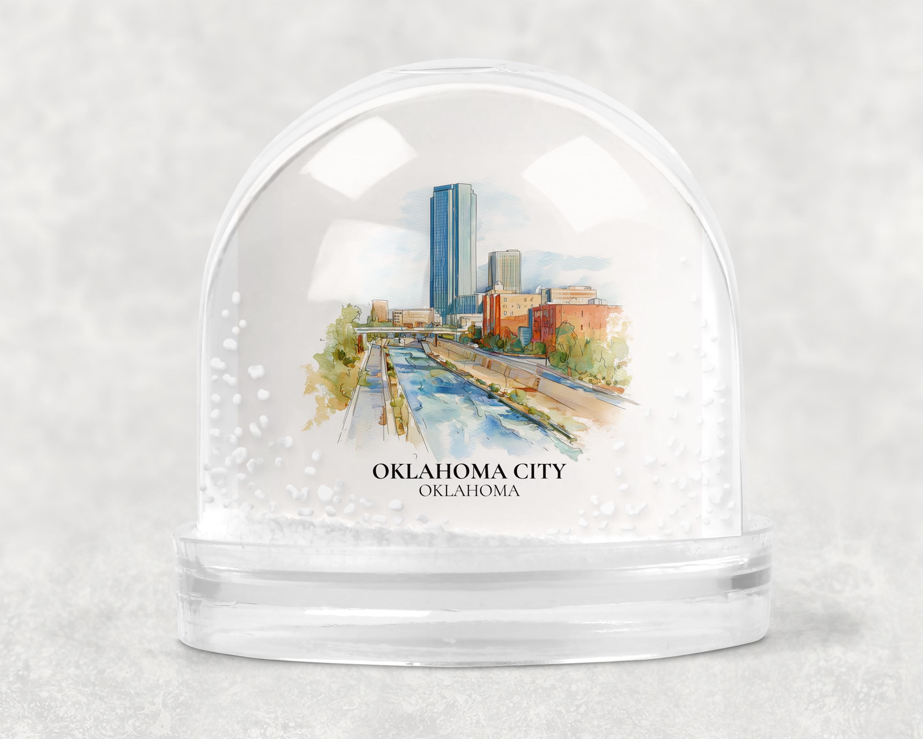 Oklahoma City Snow Globe, Personalized Watercolor Travel Keepsake