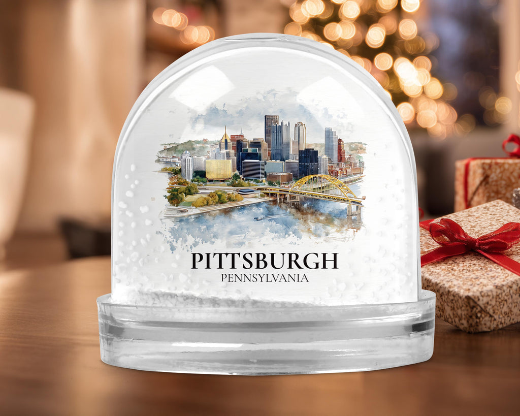 Pittsburgh Pennsylvania Snow Globe, Personalized Watercolor, Custom Travel Souvenir Keepsake City Dome
