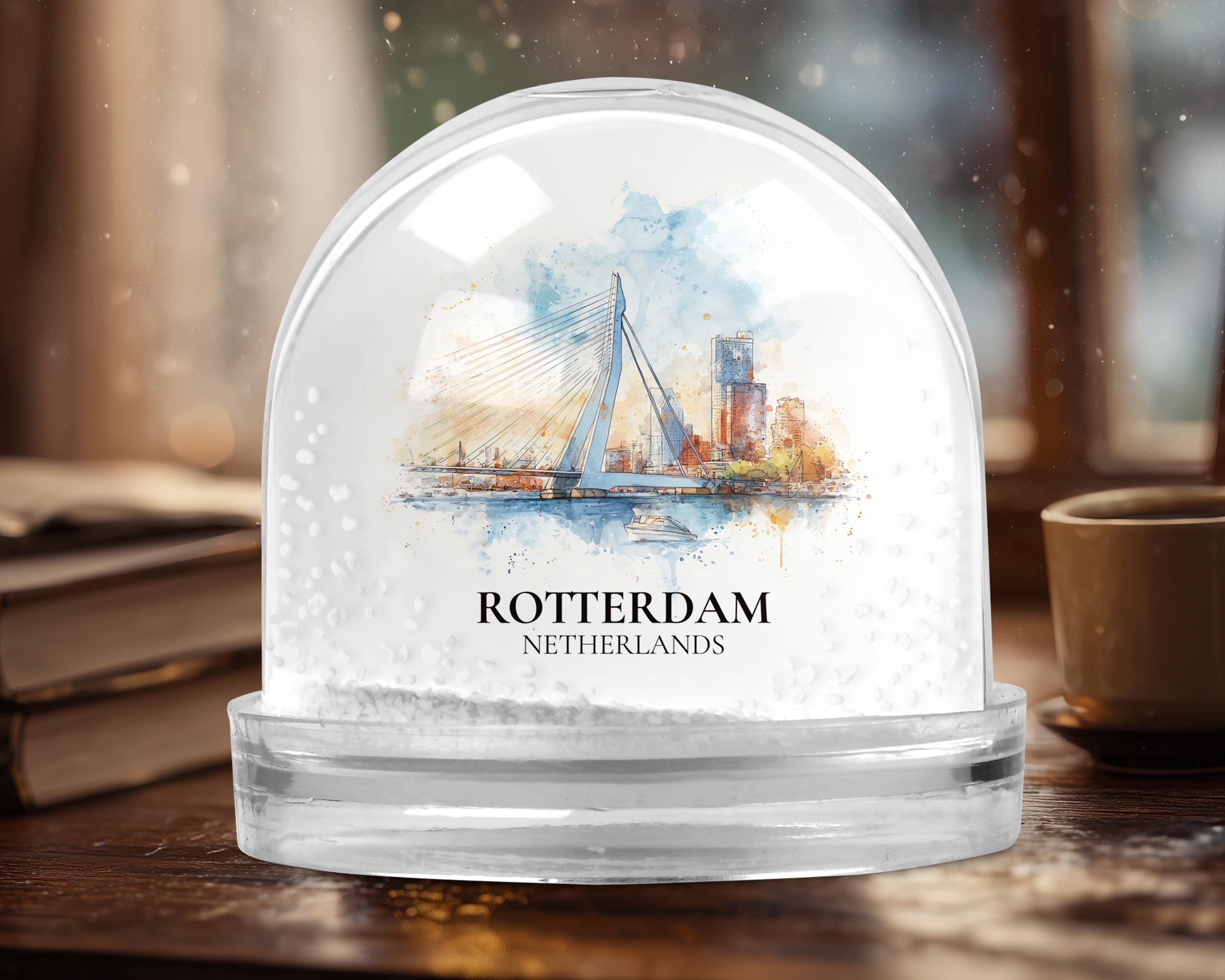 Rotterdam Netherlands Snow Globe, Personalized Watercolor, Custom Travel Souvenir Keepsake City Dome