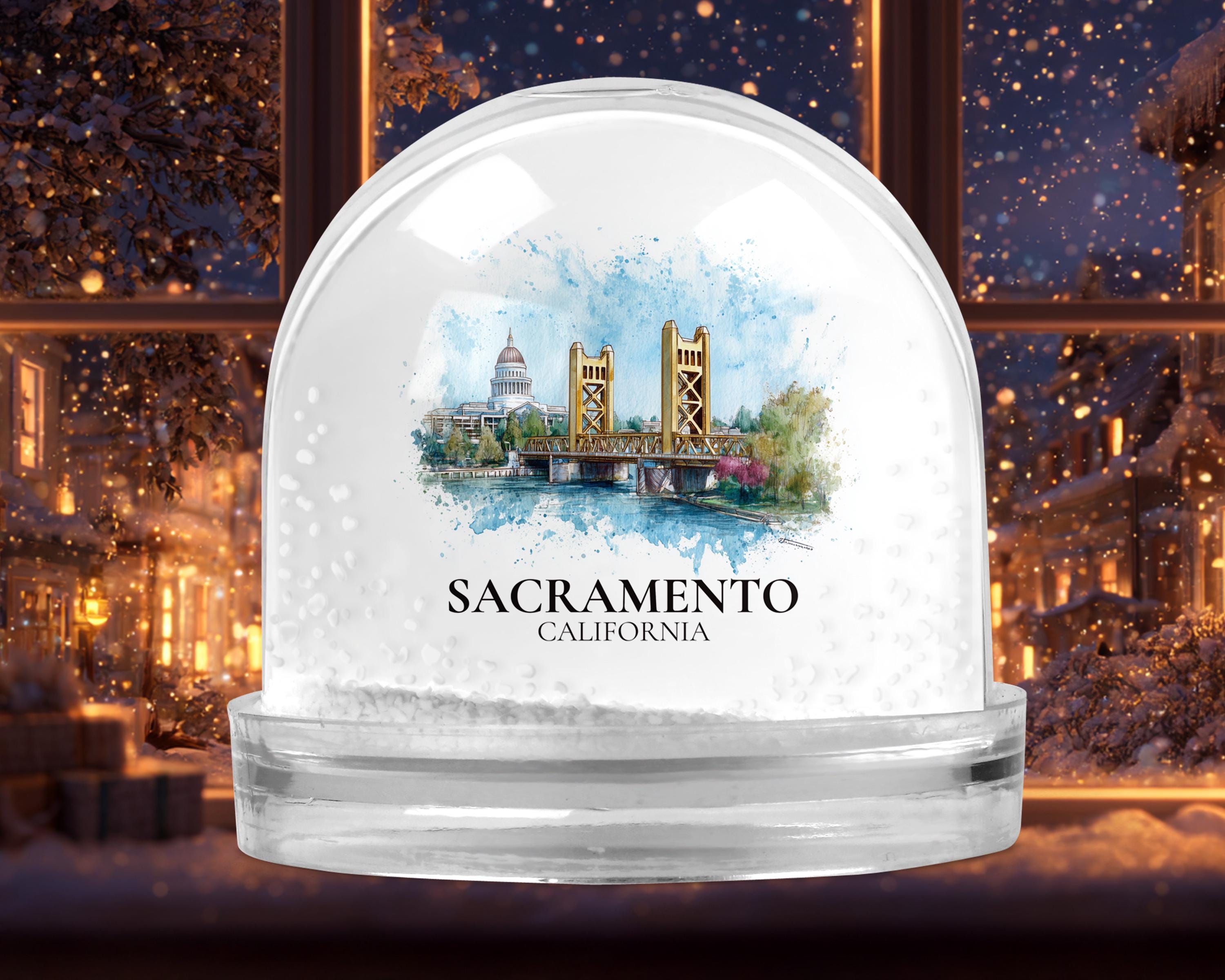 Sacramento California Snow Globe, Personalized Watercolor, Custom Travel Souvenir Keepsake City Dome