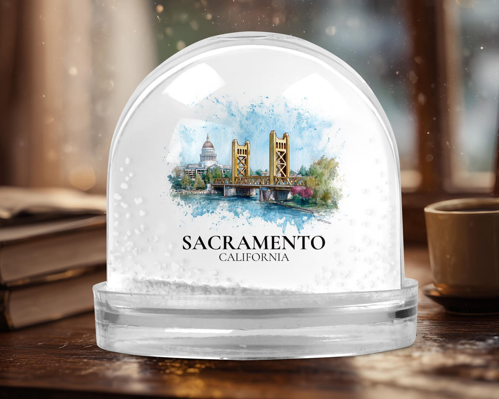 Sacramento California Snow Globe, Personalized Watercolor, Custom Travel Souvenir Keepsake City Dome