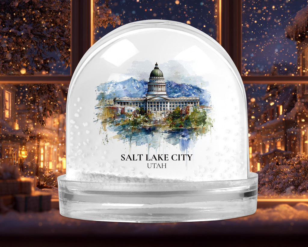 Salt Lake City Utah Snow Globe, Personalized Watercolor, Custom Travel Souvenir Keepsake City Dome
