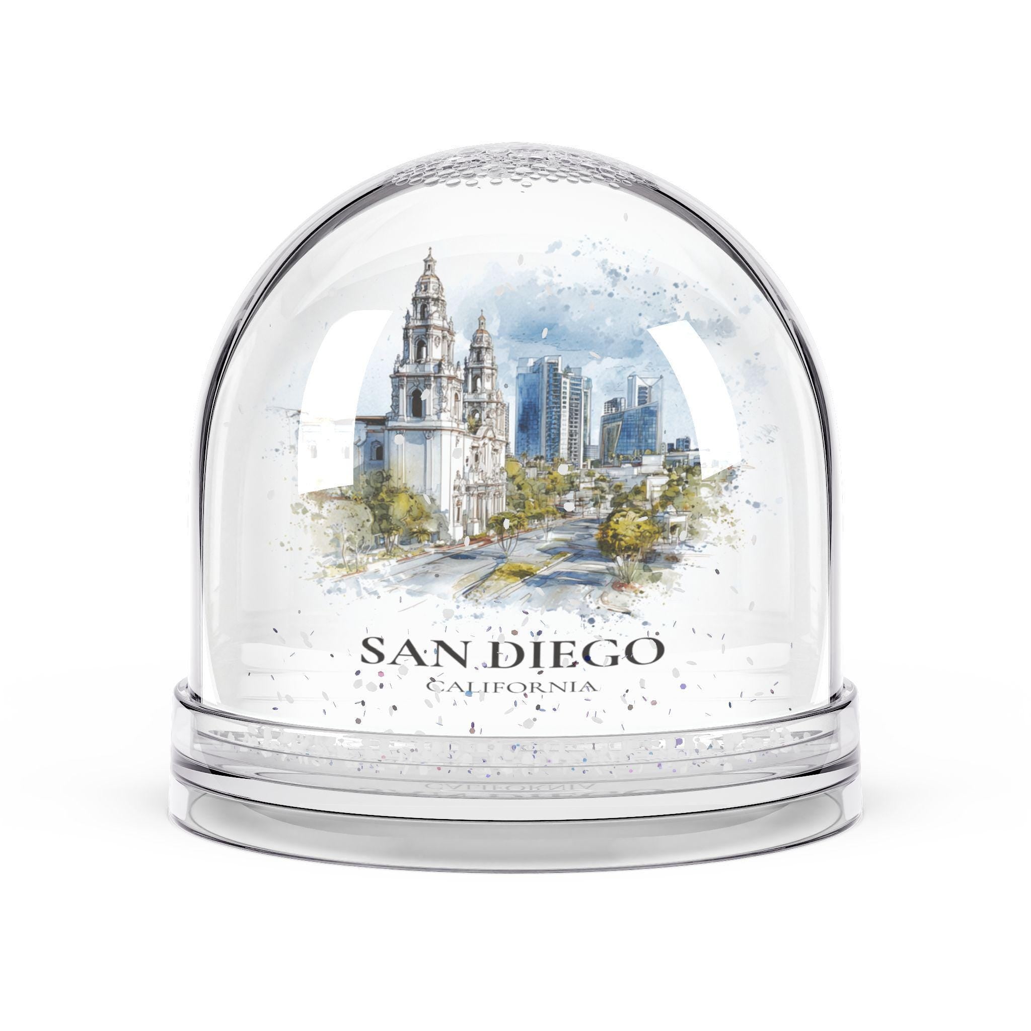 San Diego California Snow Globe, Personalized Watercolor, Custom Travel Souvenir Keepsake City Dome
