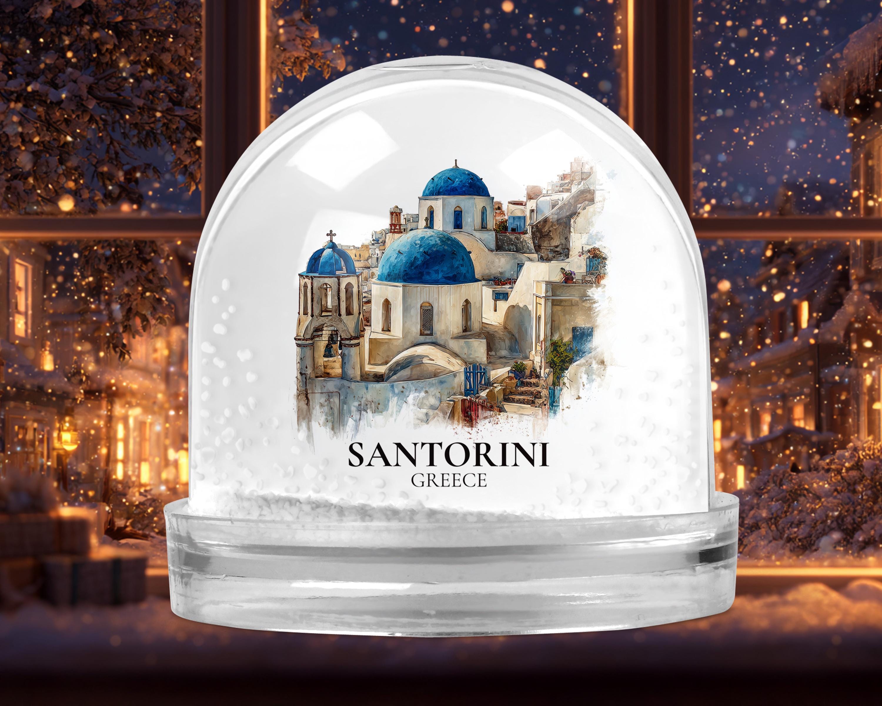 Santorini Greece Snow Globe, Personalized Watercolor, Custom Travel Souvenir Keepsake City Dome