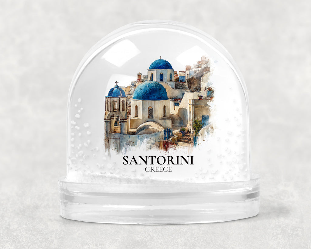 Santorini Greece Snow Globe, Personalized Watercolor, Custom Travel Souvenir Keepsake City Dome