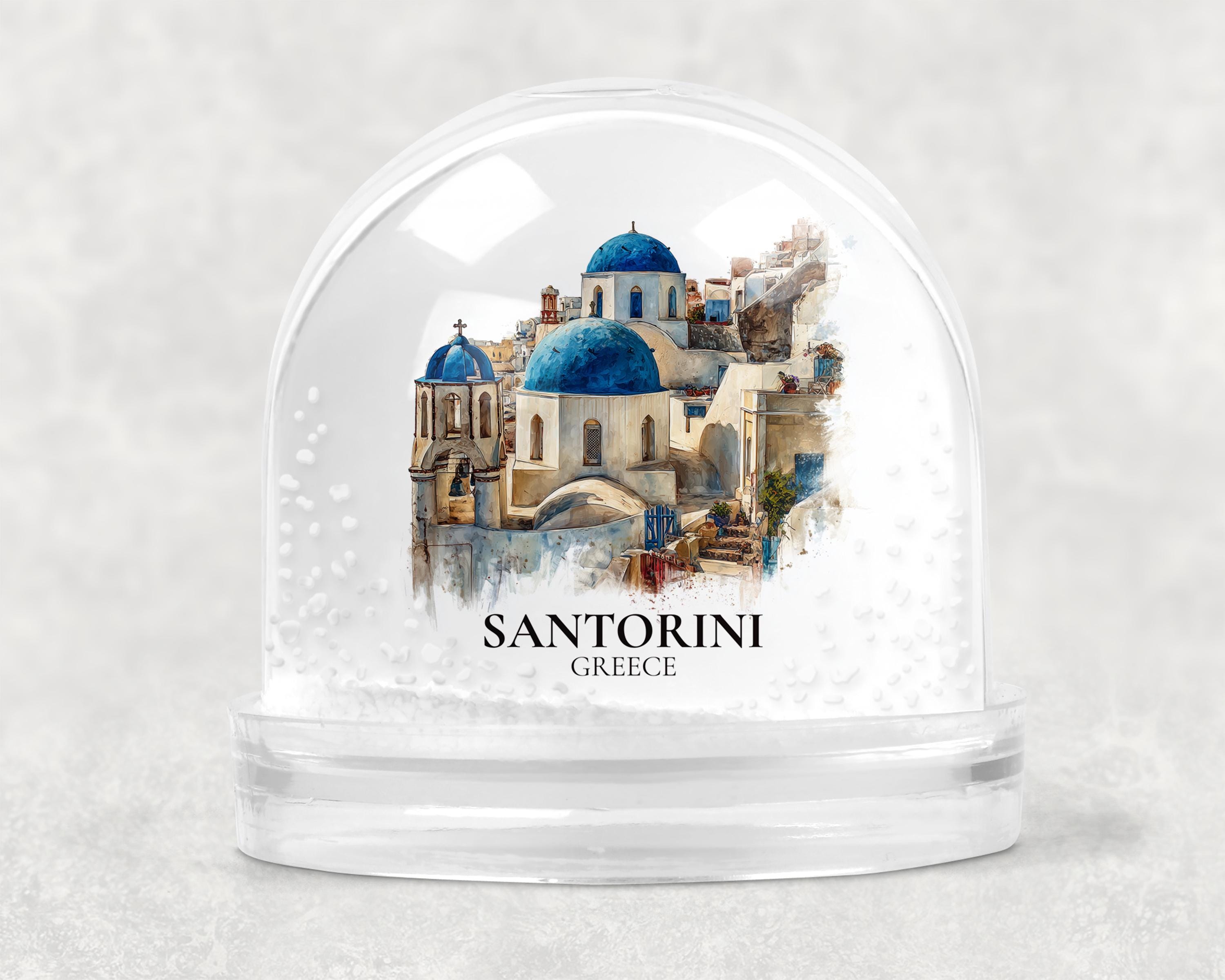 Santorini Greece Snow Globe, Personalized Watercolor, Custom Travel Souvenir Keepsake City Dome