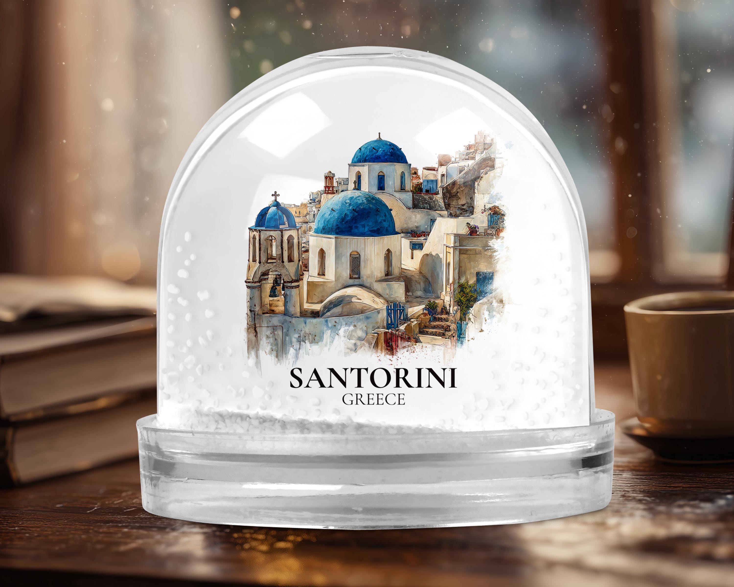 Santorini Greece Snow Globe, Personalized Watercolor, Custom Travel Souvenir Keepsake City Dome