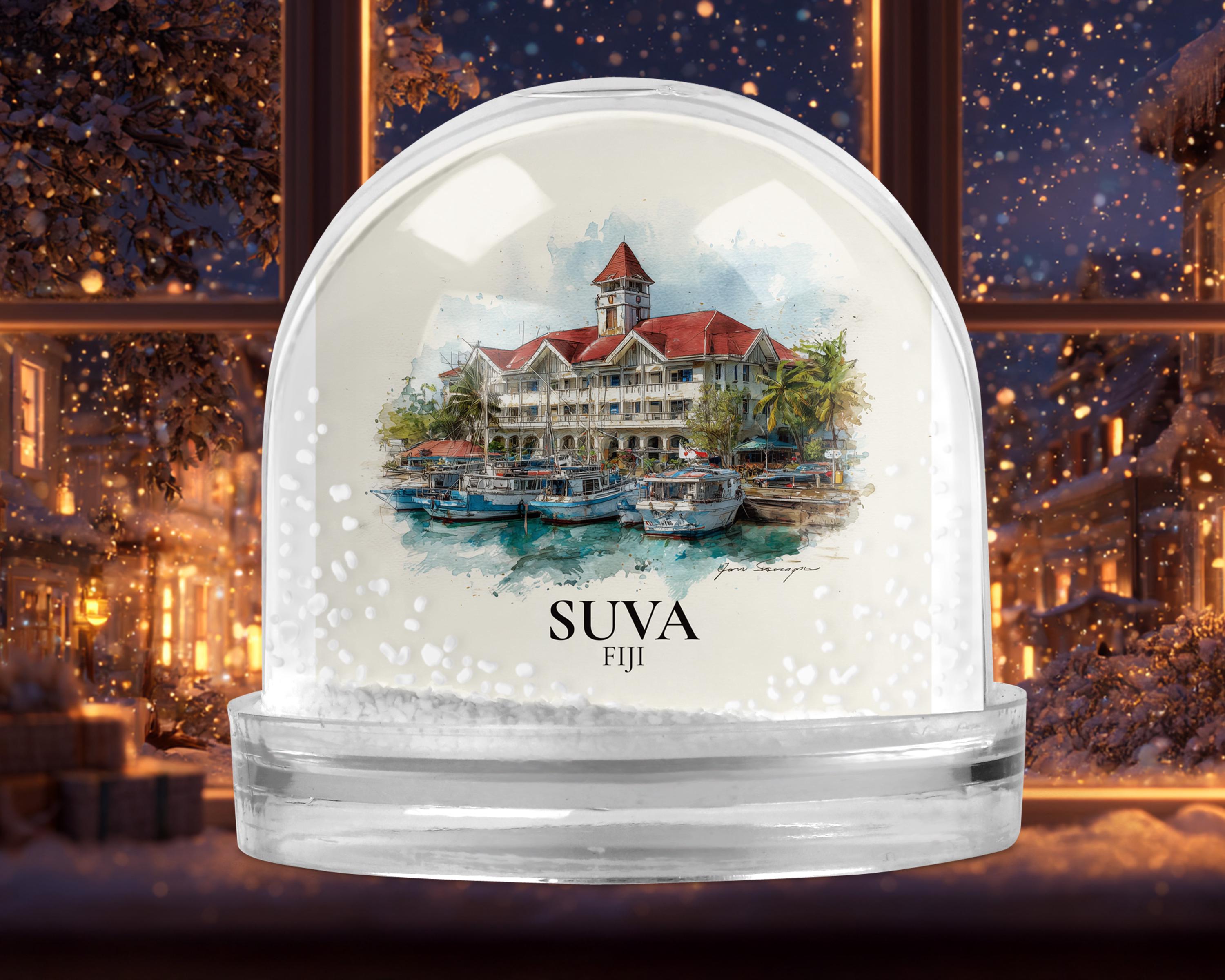 Suva Fiji Snow Globe, Personalized Watercolor, Custom Travel Souvenir Keepsake City Dome