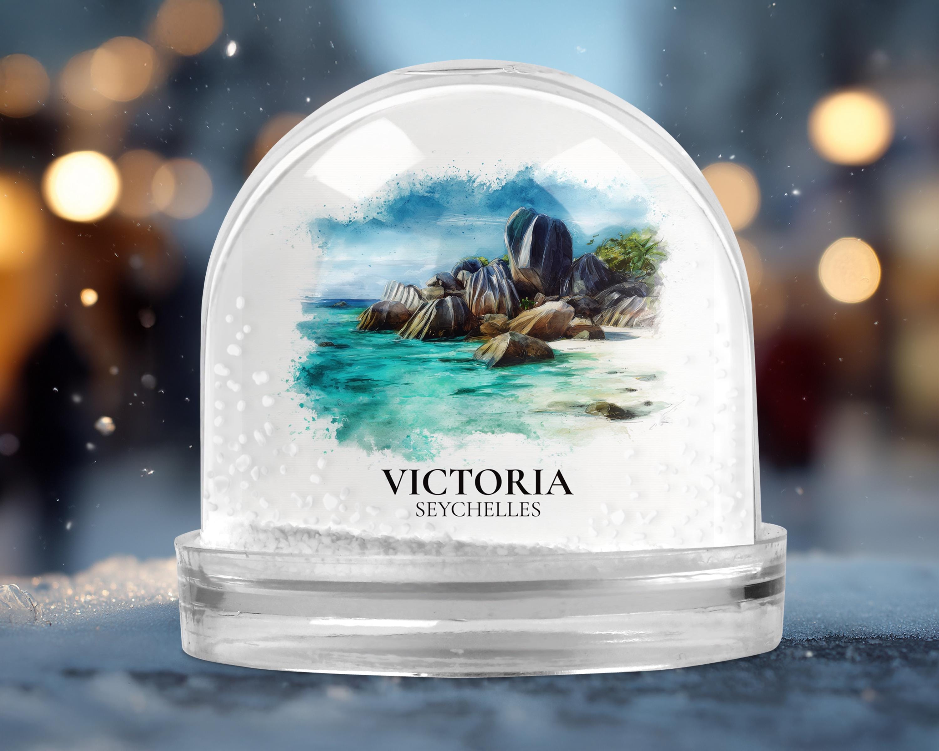 Victoria Seychelles Snow Globe, Personalized Watercolor, Custom Travel Souvenir Keepsake City Dome