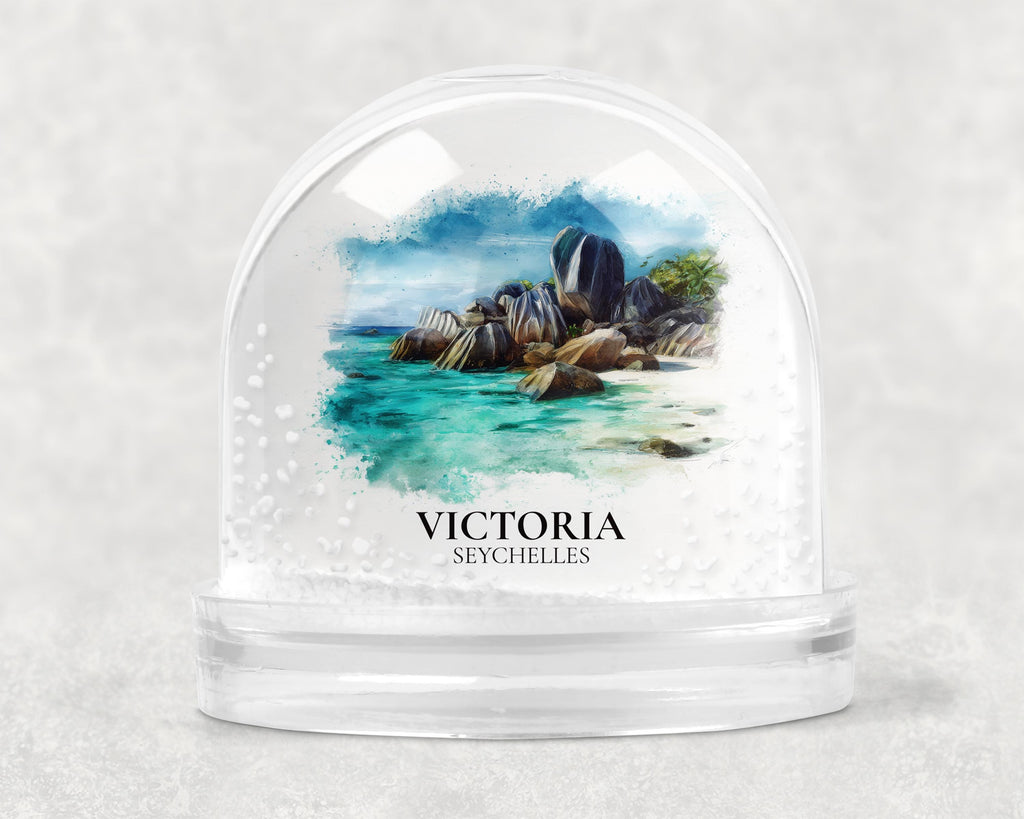Victoria Seychelles Snow Globe, Personalized Watercolor, Custom Travel Souvenir Keepsake City Dome
