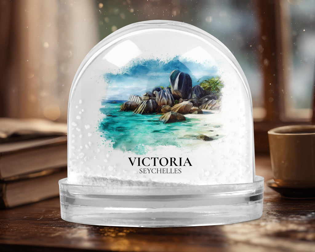 Victoria Seychelles Snow Globe, Personalized Watercolor, Custom Travel Souvenir Keepsake City Dome
