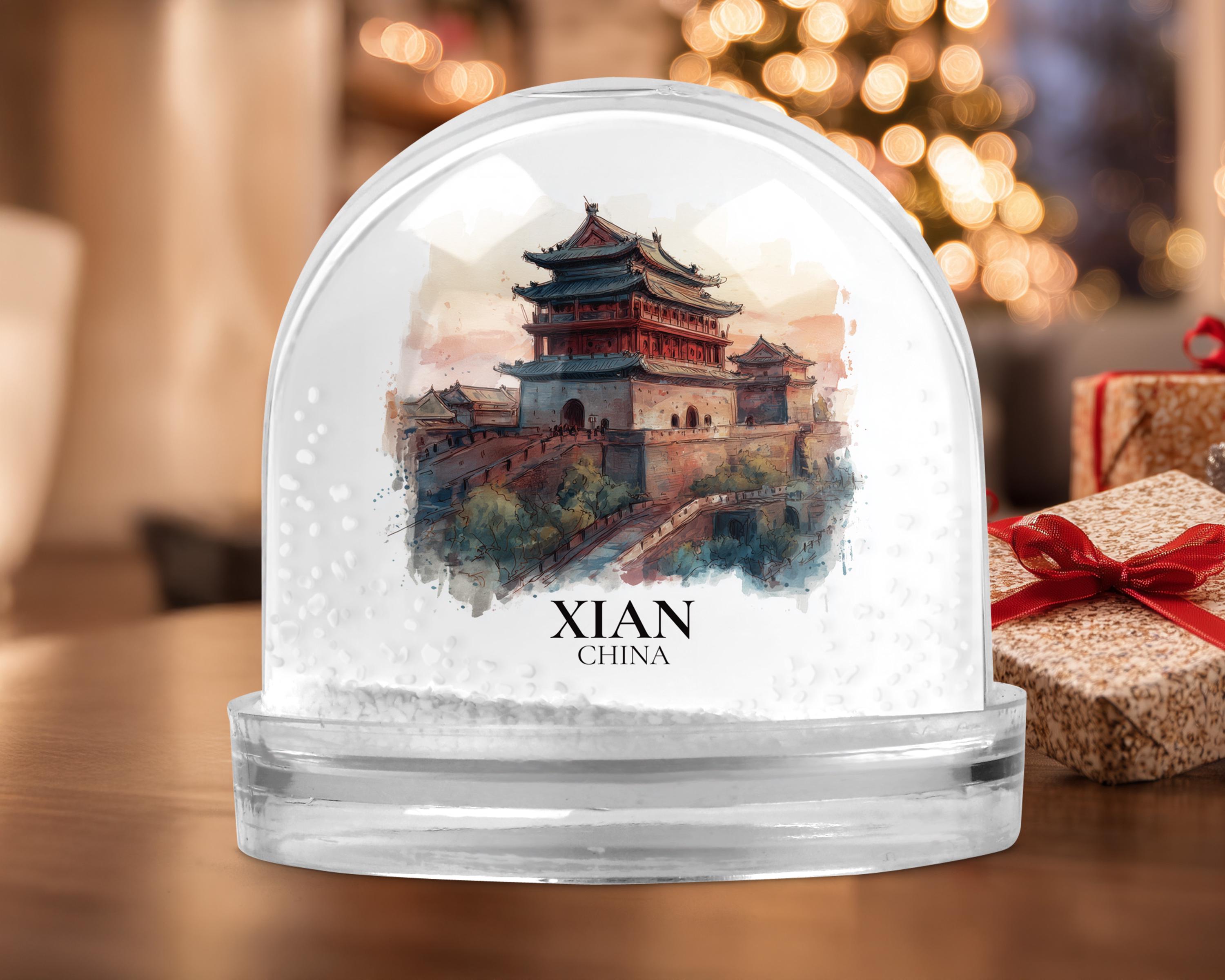 Xian China Snow Globe, Personalized Watercolor, Custom Travel Souvenir Keepsake City Dome