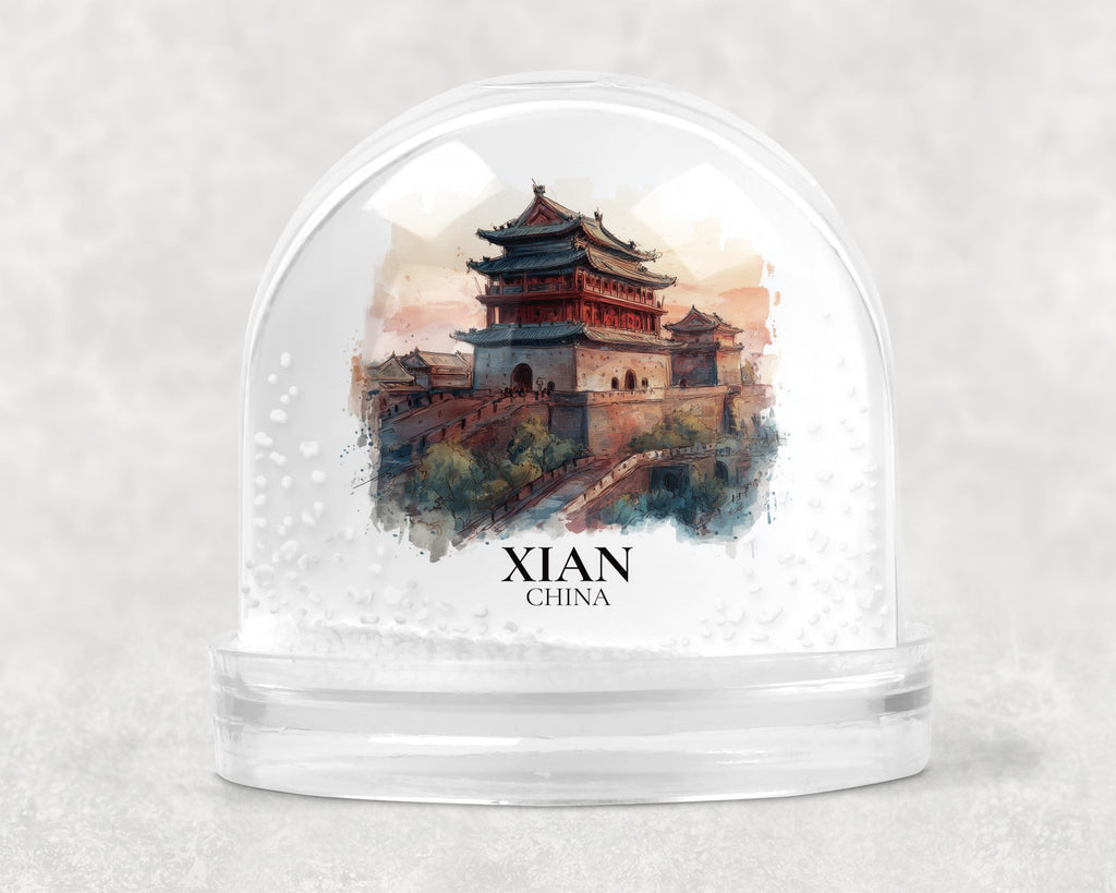 Xian China Snow Globe, Personalized Watercolor, Custom Travel Souvenir Keepsake City Dome