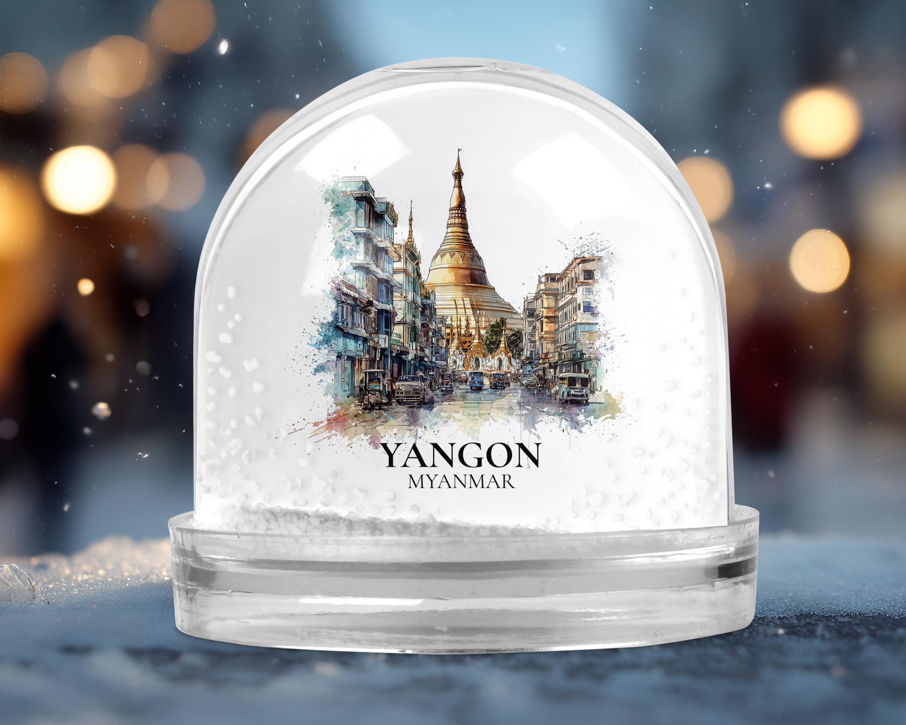 Yangon Myanmar Snow Globe, Personalized Watercolor, Custom Travel Souvenir Keepsake City Dome