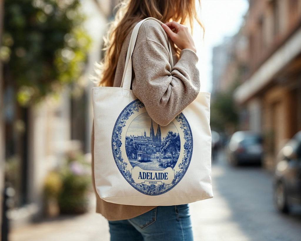 Adelaide Australia Tote Bag, Delft Style Personalized Destination, City Wedding Gift Souvenir Cotton