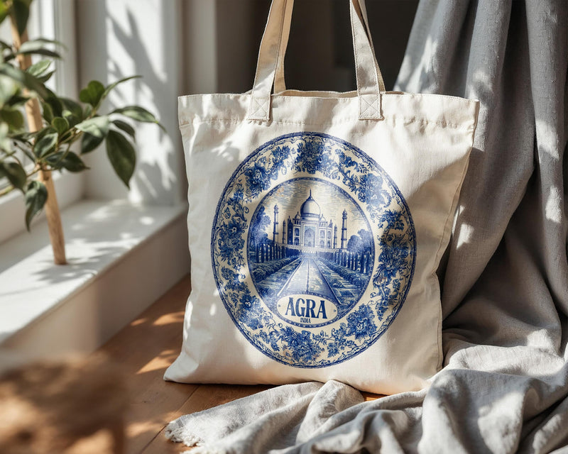 Agra India Tote Bag, Delft Style Personalized Destination, City Wedding Gift Souvenir Cotton