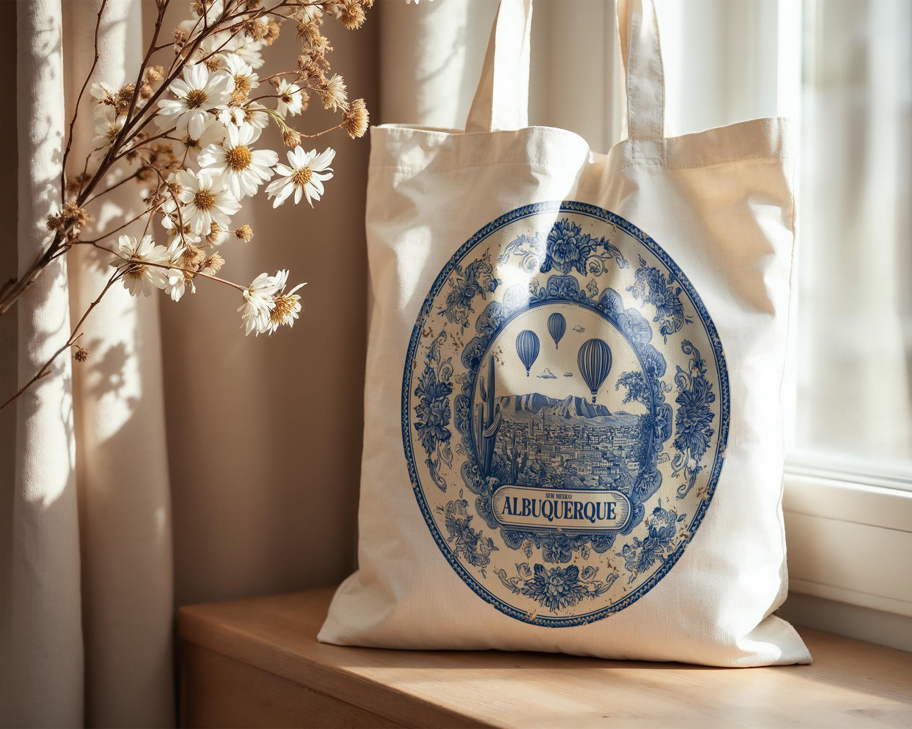 Albuquerque New Mexico Tote Bag, Delft Style Personalized Destination, City Wedding Gift Souvenir Cotton