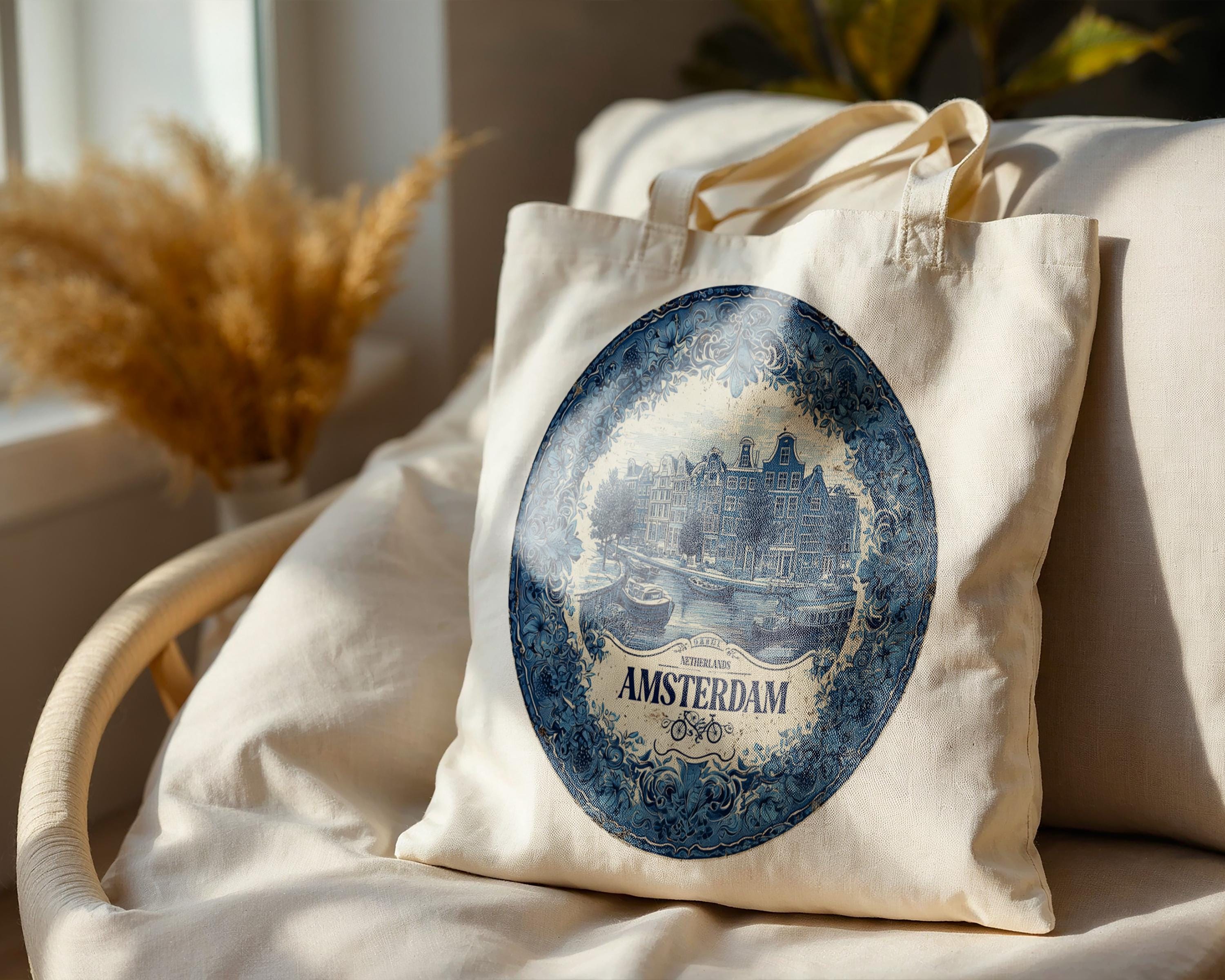 Amsterdam Netherlands Tote Bag, Delft Style Personalized Destination, City Wedding Gift Souvenir Cotton