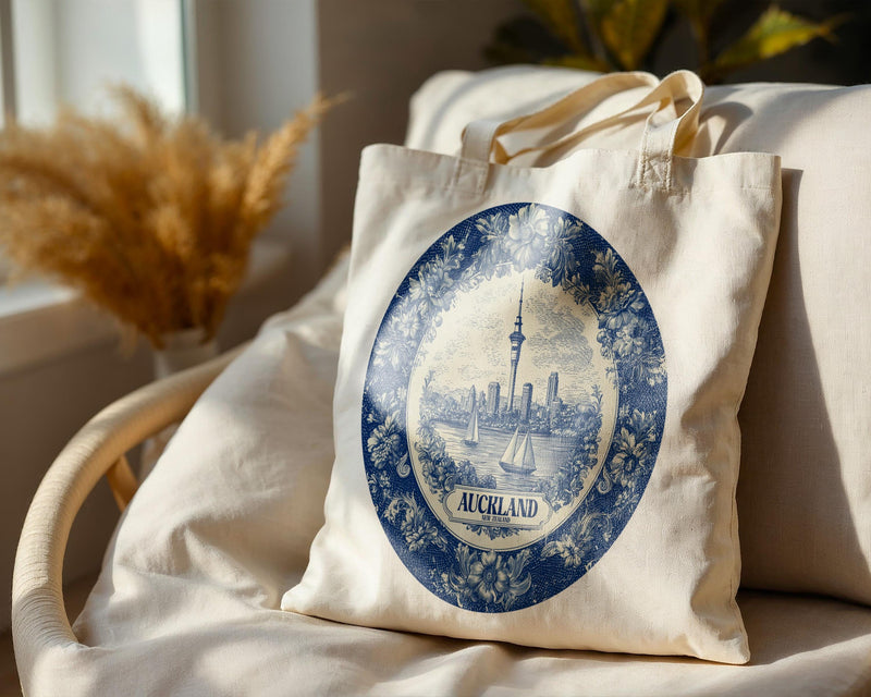 auckland New Zealand Tote Bag, Delft Style Personalized Destination, City Wedding Gift Souvenir Cotton