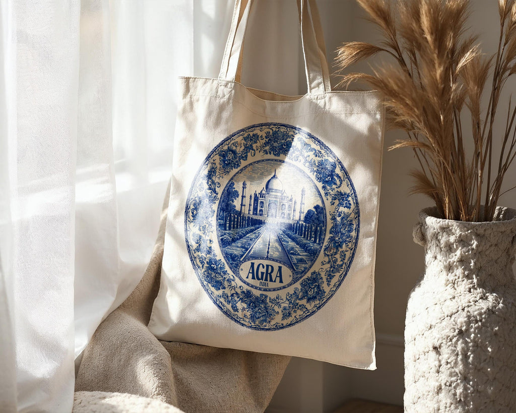 Agra India Tote Bag, Delft Style Personalized Destination, City Wedding Gift Souvenir Cotton