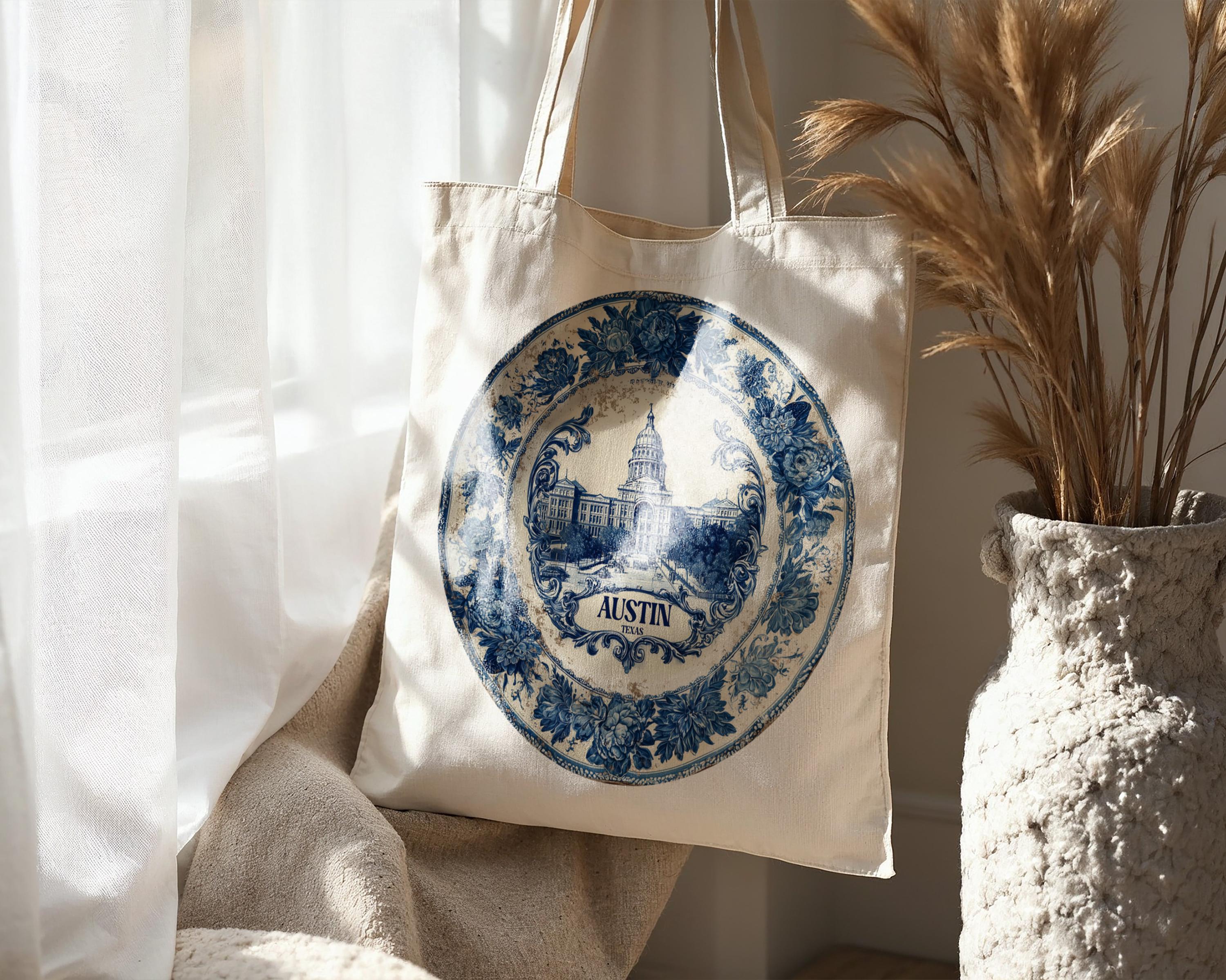 Austin Texas Tote Bag, Delft Style Personalized Destination, City Wedding Gift Souvenir Cotton