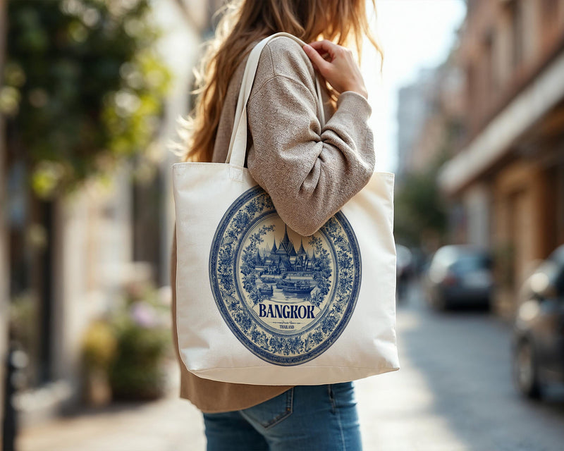 Bangkok Thailand Tote Bag, Delft Style Personalized Destination, City Wedding Gift Souvenir Cotton
