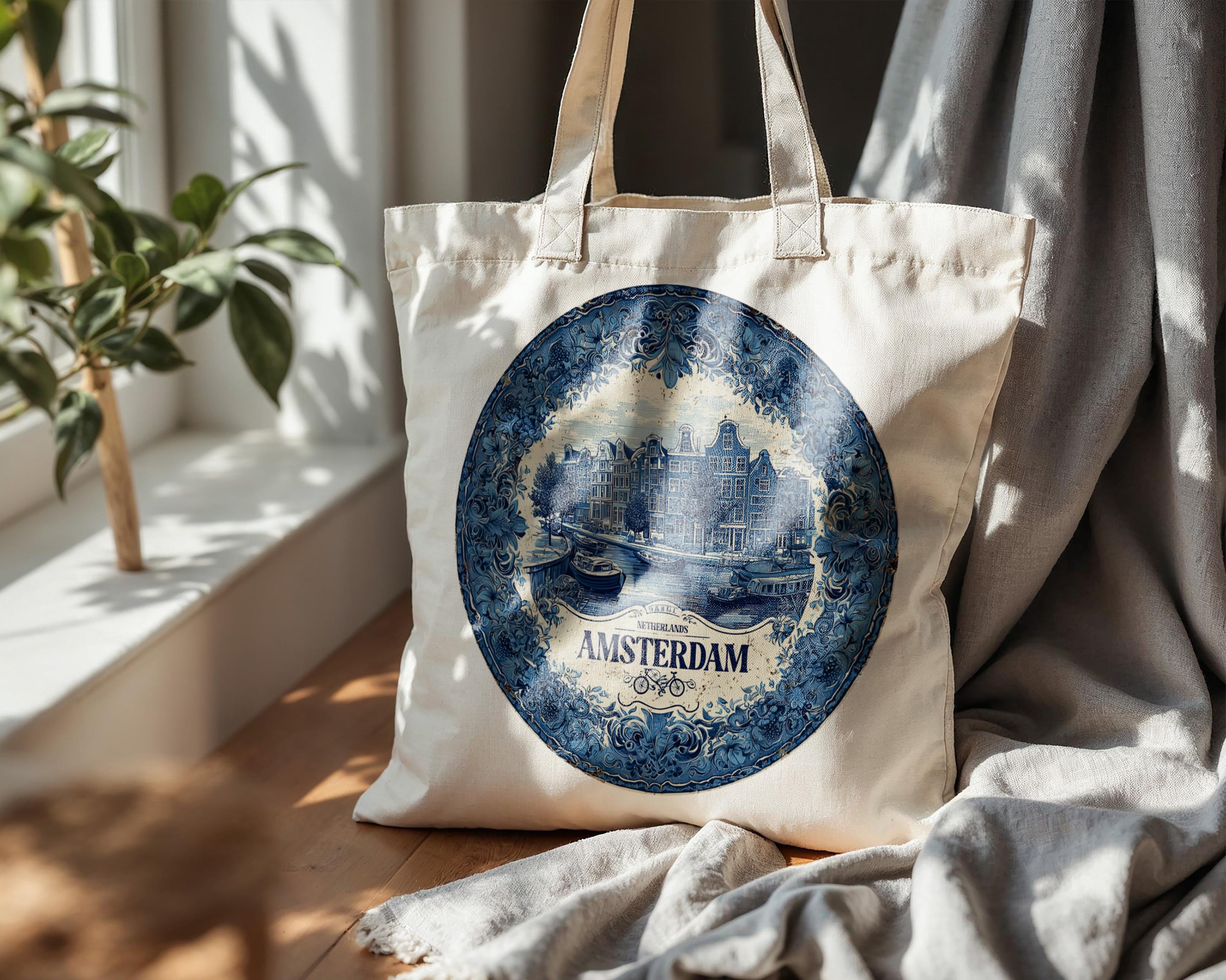 Amsterdam Netherlands Tote Bag, Delft Style Personalized Destination, City Wedding Gift Souvenir Cotton