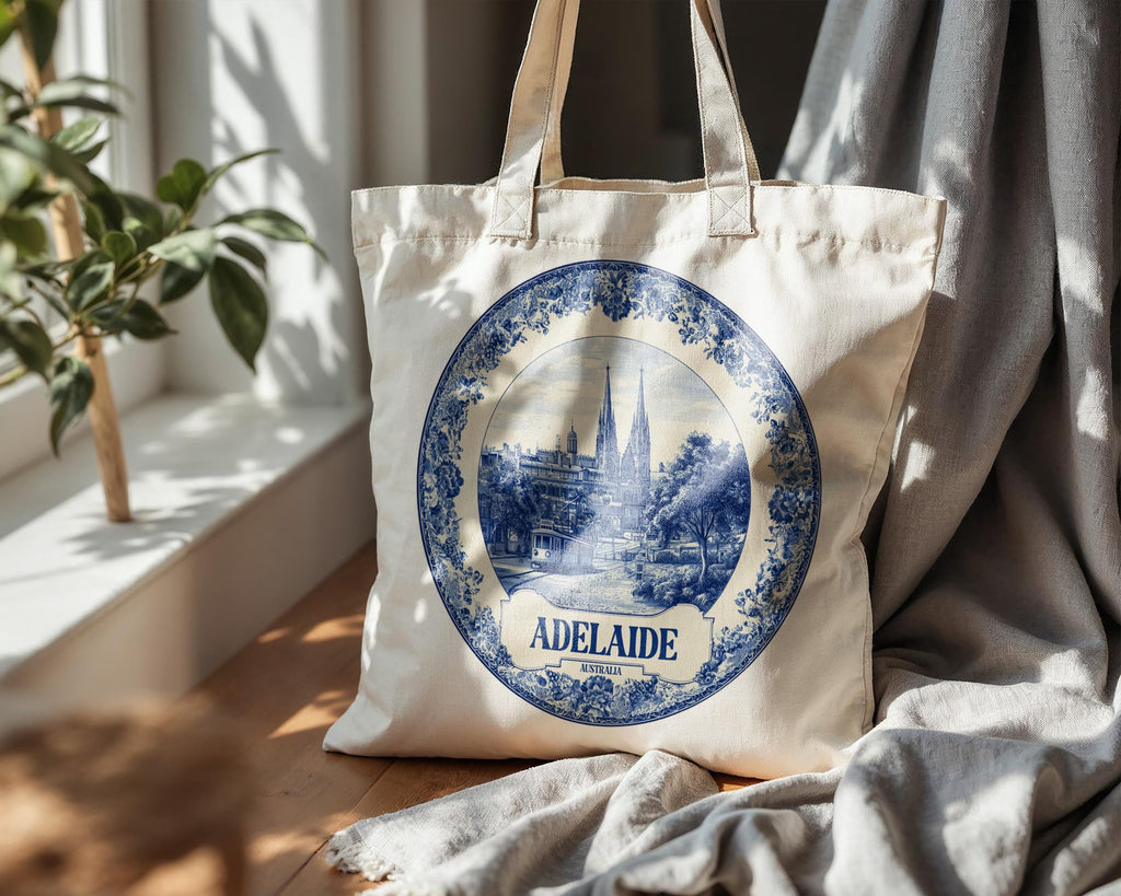 Adelaide Australia Tote Bag, Delft Style Personalized Destination, City Wedding Gift Souvenir Cotton