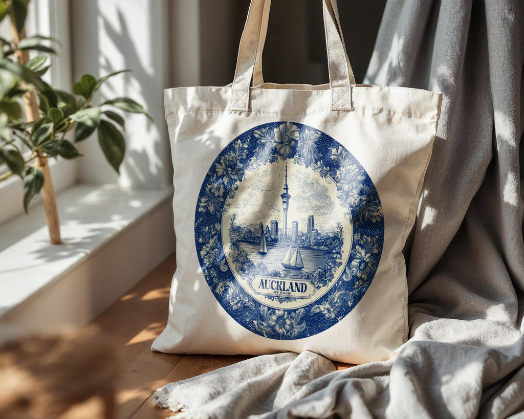 auckland New Zealand Tote Bag, Delft Style Personalized Destination, City Wedding Gift Souvenir Cotton