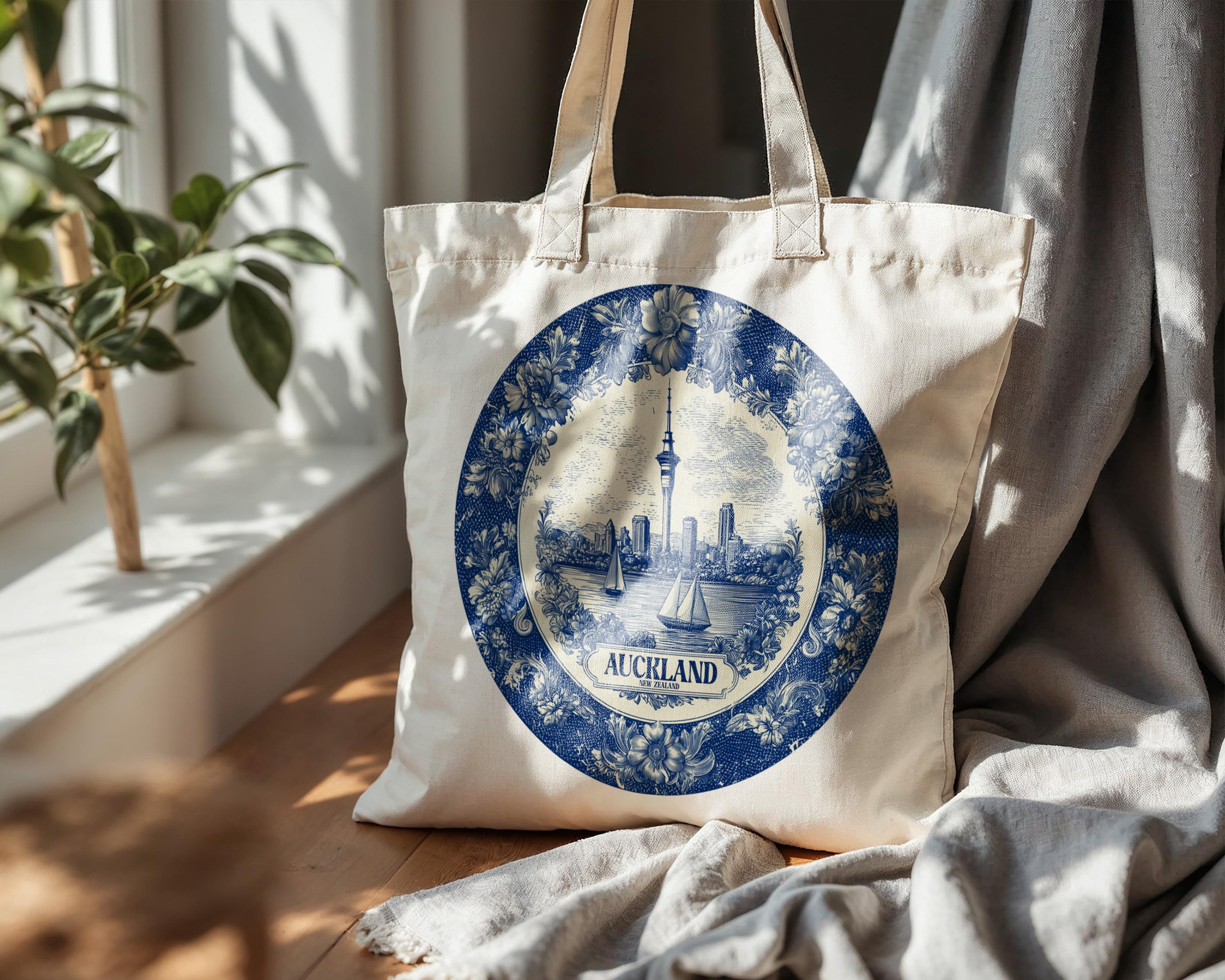 auckland New Zealand Tote Bag, Delft Style Personalized Destination, City Wedding Gift Souvenir Cotton
